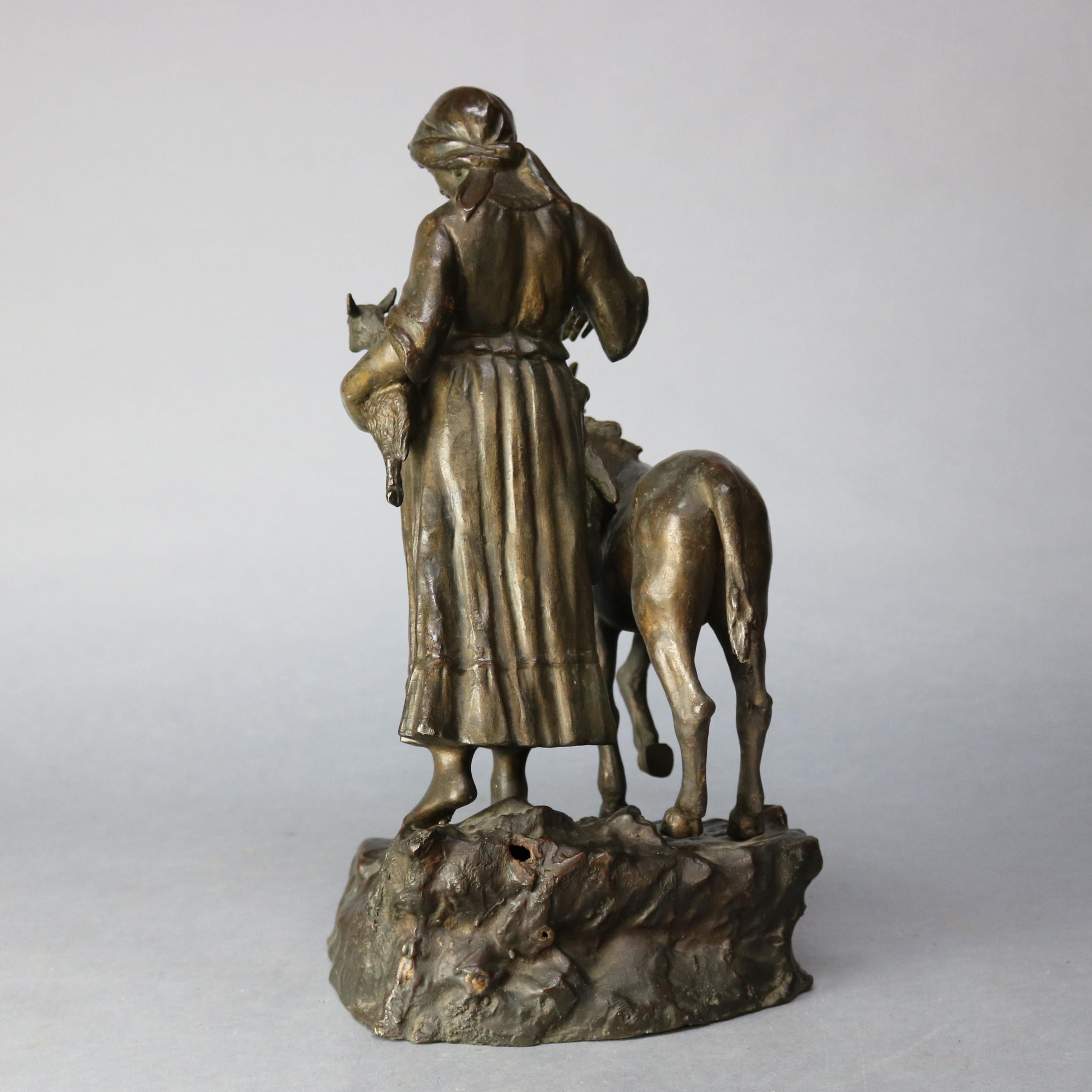 European Antique Bronze Sculpture Grouping of Girl with Lamb and Donkey, 19th Century