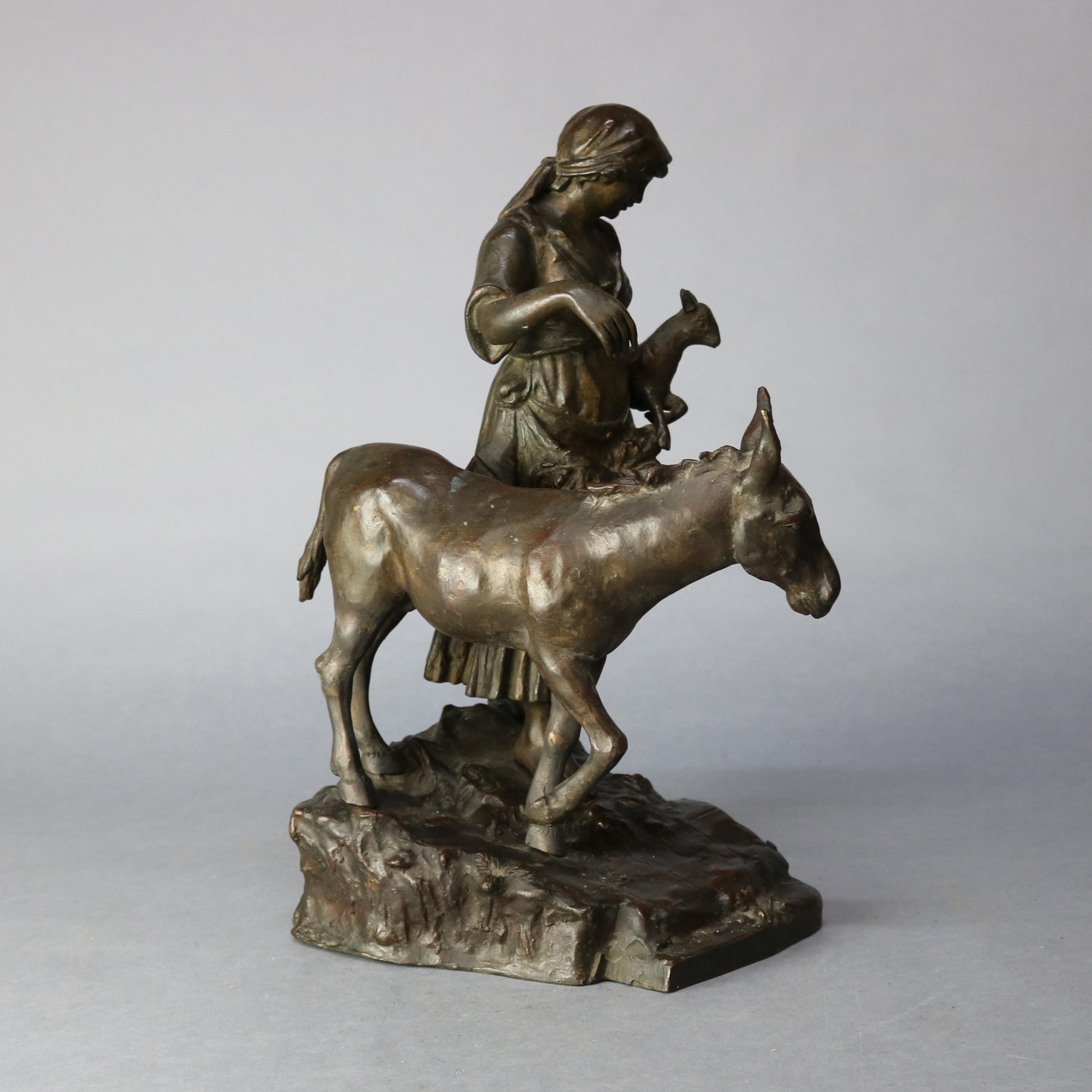 Cast Antique Bronze Sculpture Grouping of Girl with Lamb and Donkey, 19th Century