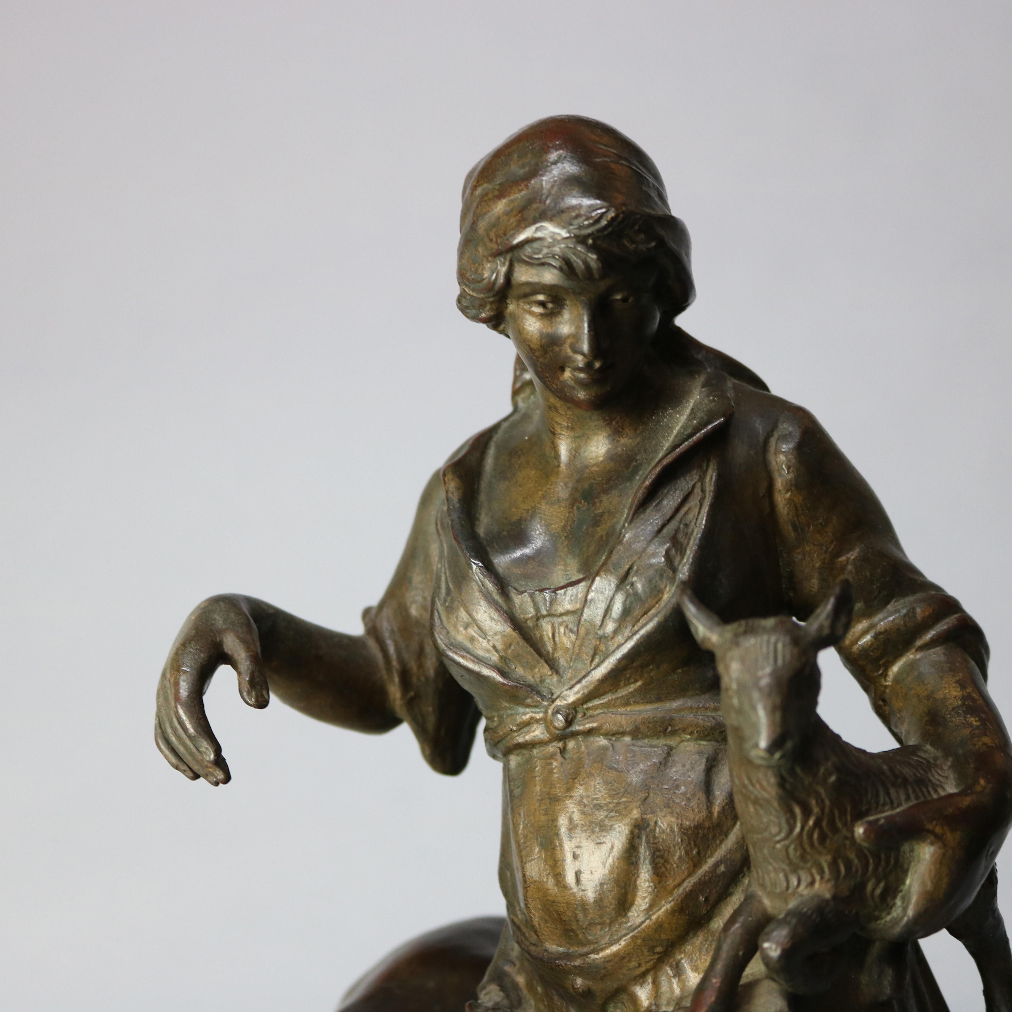 Metal Antique Bronze Sculpture Grouping of Girl with Lamb and Donkey, 19th Century