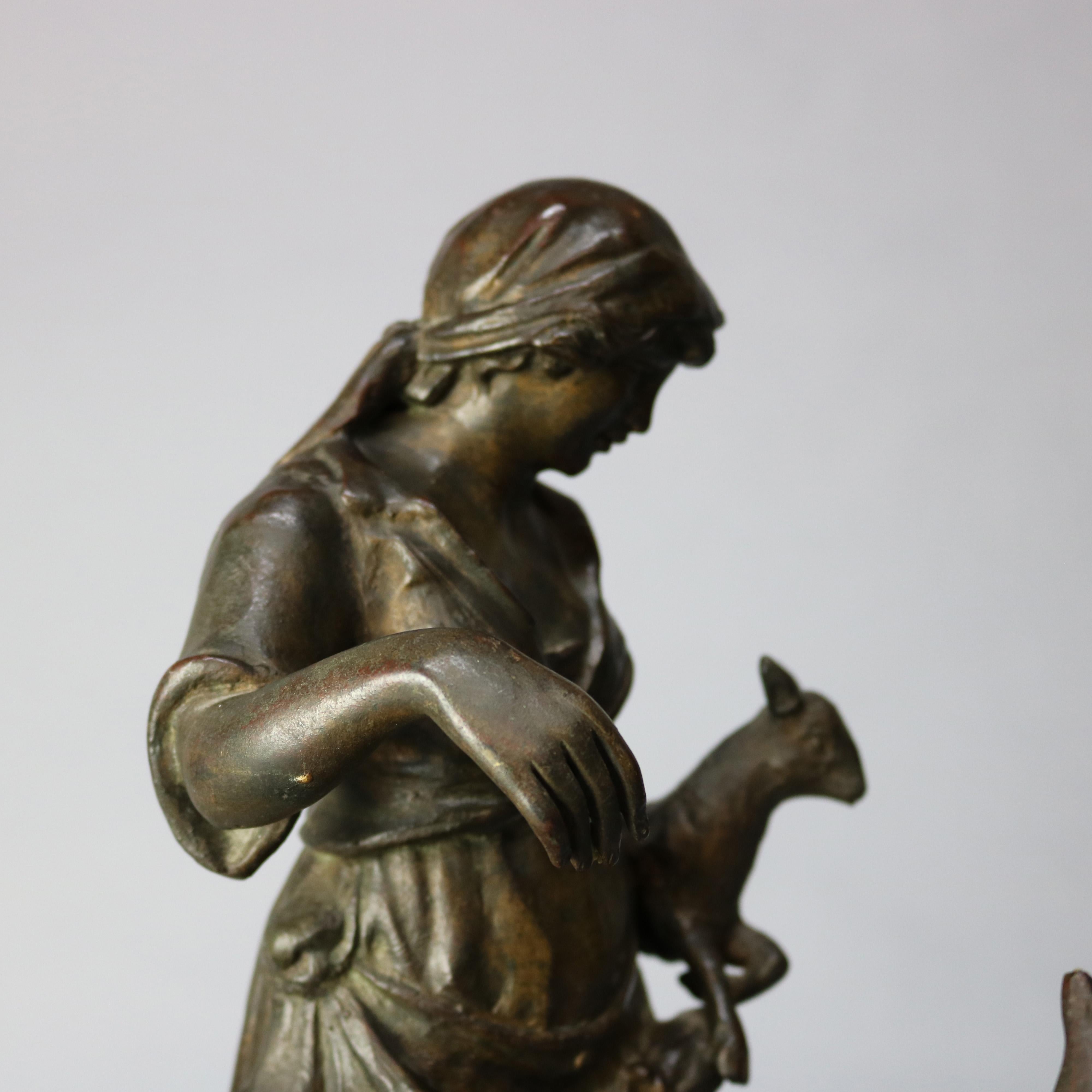 Antique Bronze Sculpture Grouping of Girl with Lamb and Donkey, 19th Century 1
