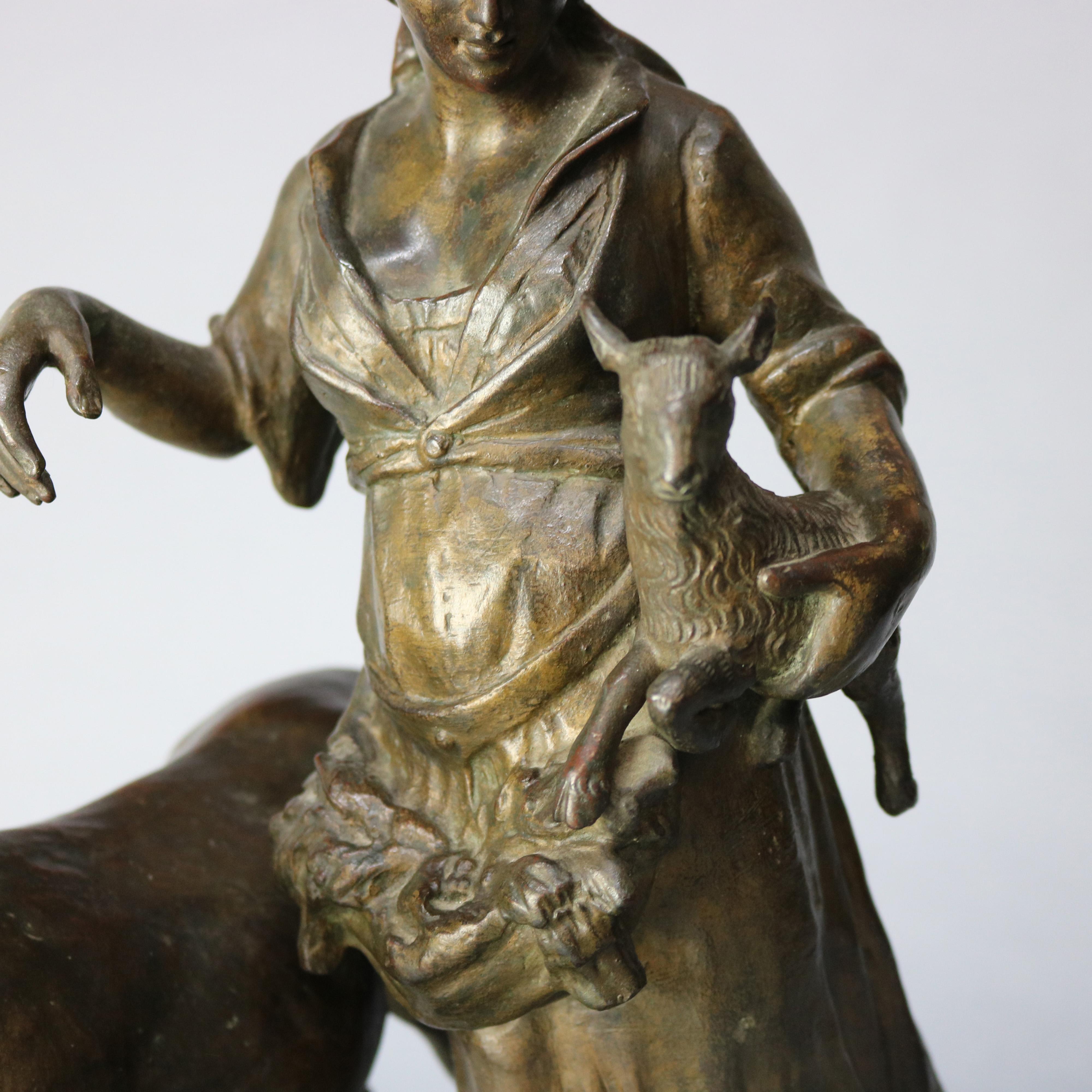 Antique Bronze Sculpture Grouping of Girl with Lamb and Donkey, 19th Century 2