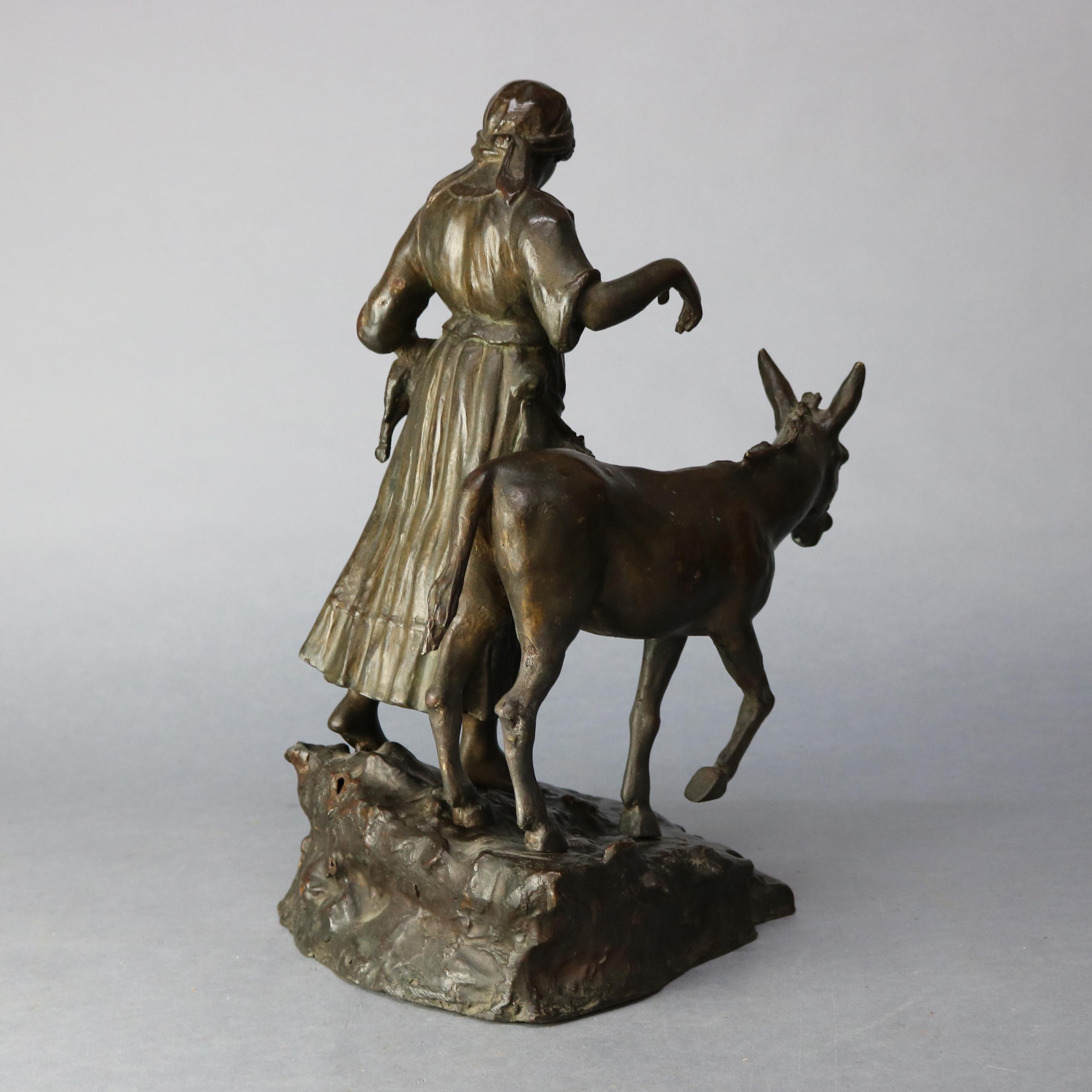 Antique Bronze Sculpture Grouping of Girl with Lamb and Donkey, 19th Century In Good Condition In Big Flats, NY