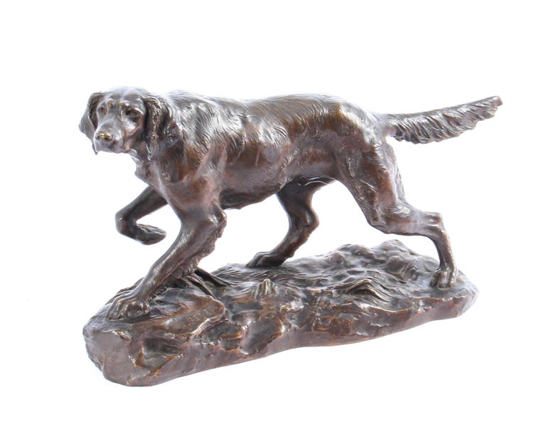 Antique Bronze Sculpture Irish Setter Dog Hunting by H. Peyrol, 19th