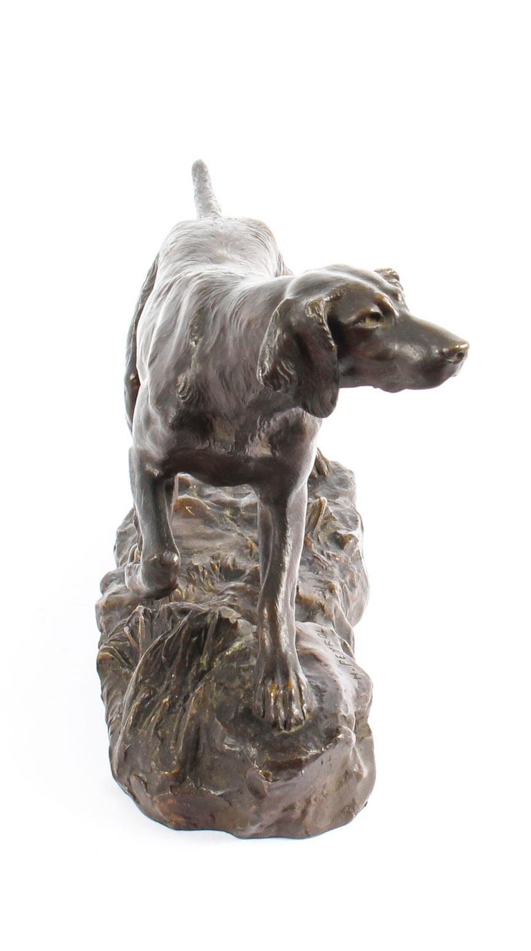 Antique Bronze Sculpture Irish Setter Dog Hunting by H. Peyrol, 19th