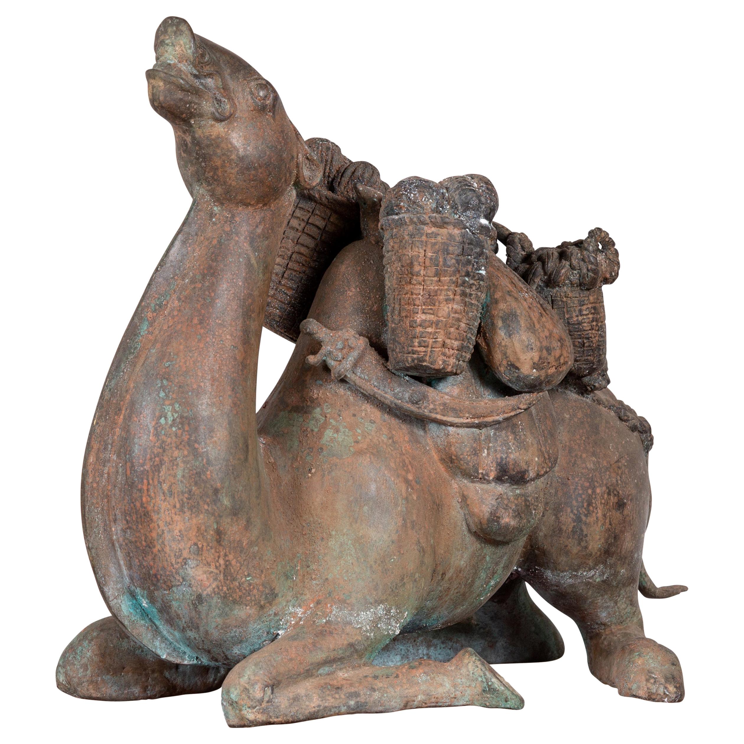 Antique Bronze Sculpture of a Camel Carrying Baskets with Verdigris Patina