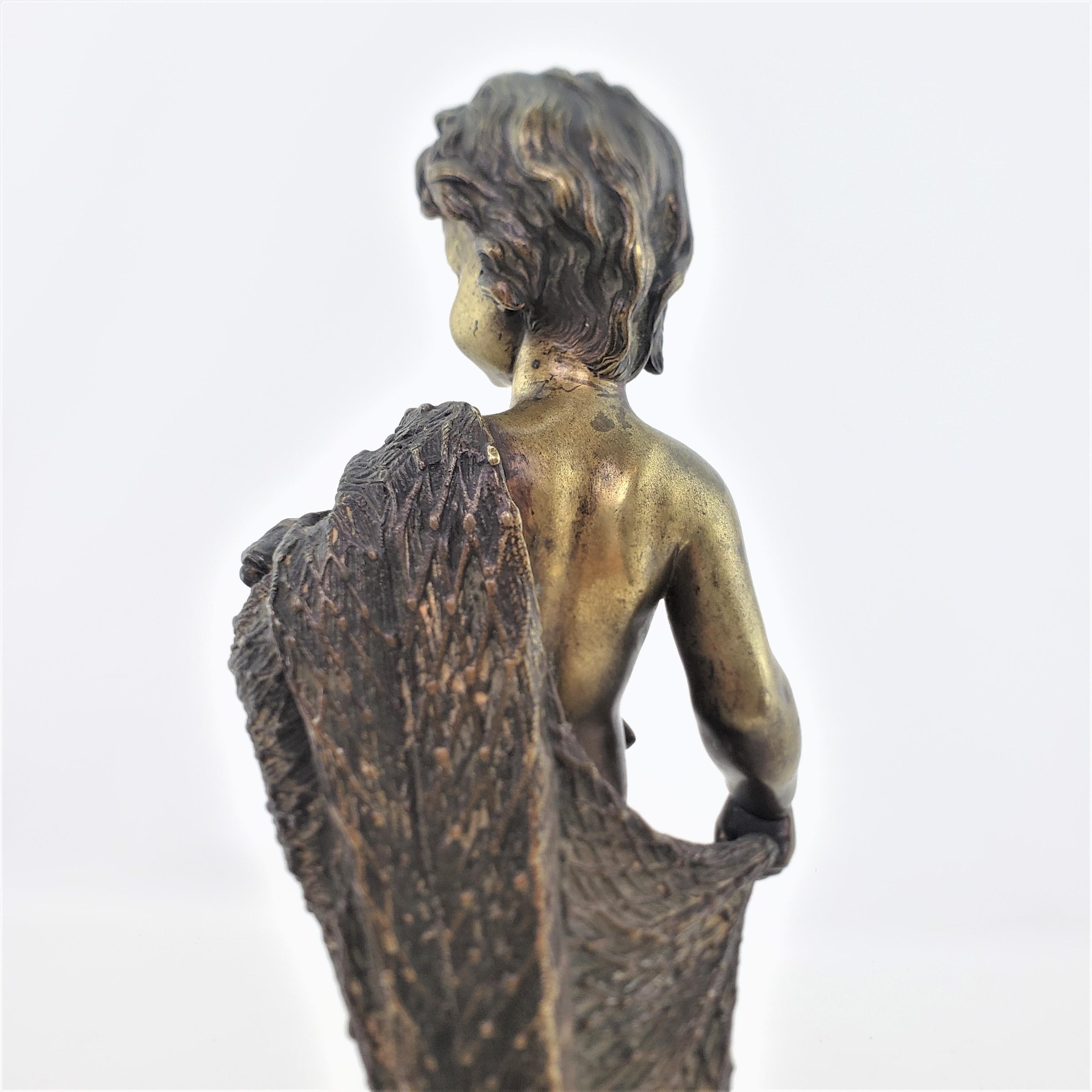 Antique Bronze Sculpture of a Child Draped with a Fish Net and Champleve Panels For Sale 5