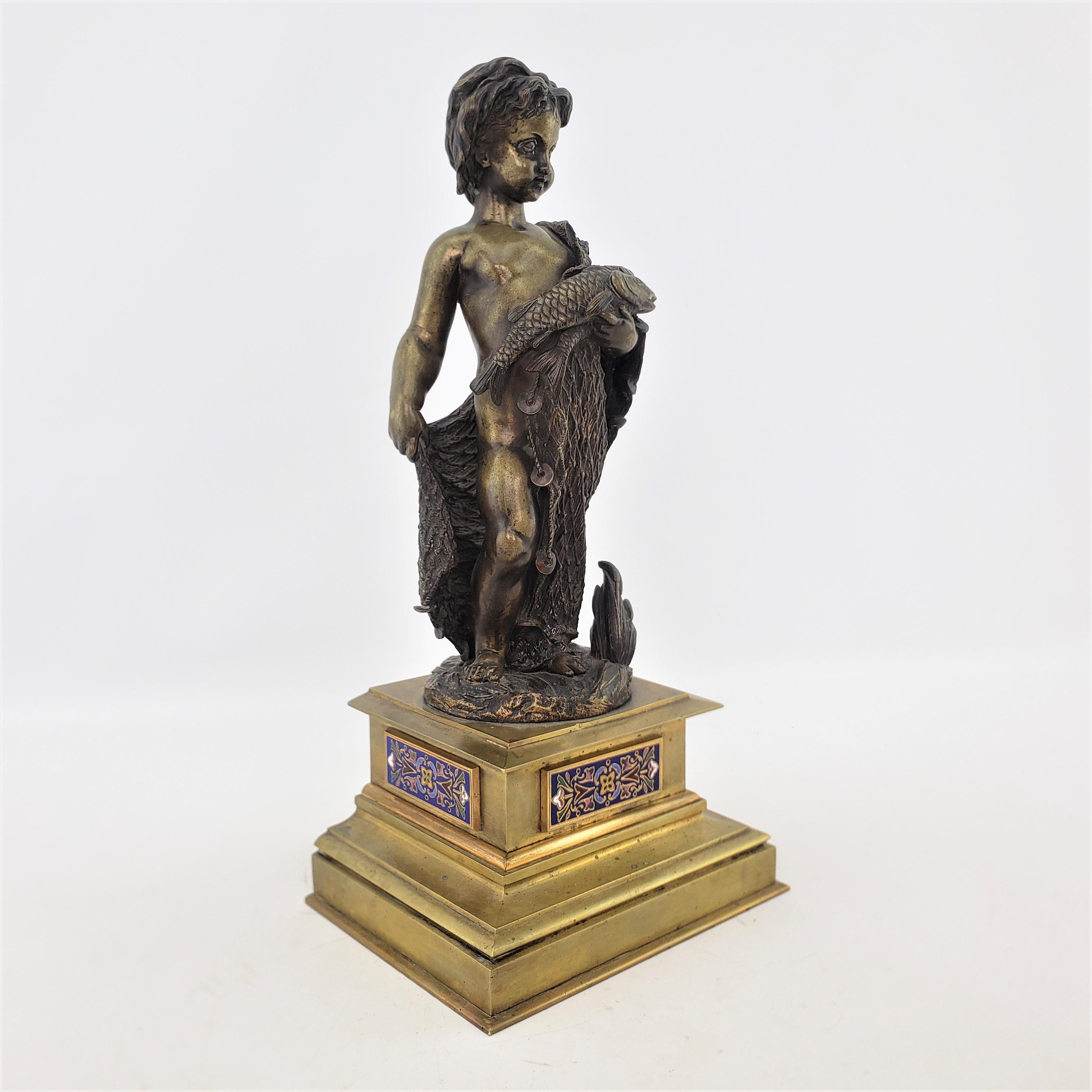 This antique bronze sculpture is unsigned, but presumed to have originated from Italy and date to approximately 1880 and done in the period late Victorian style. This well executed bronze depicts a young child draped standing on the shore, draped