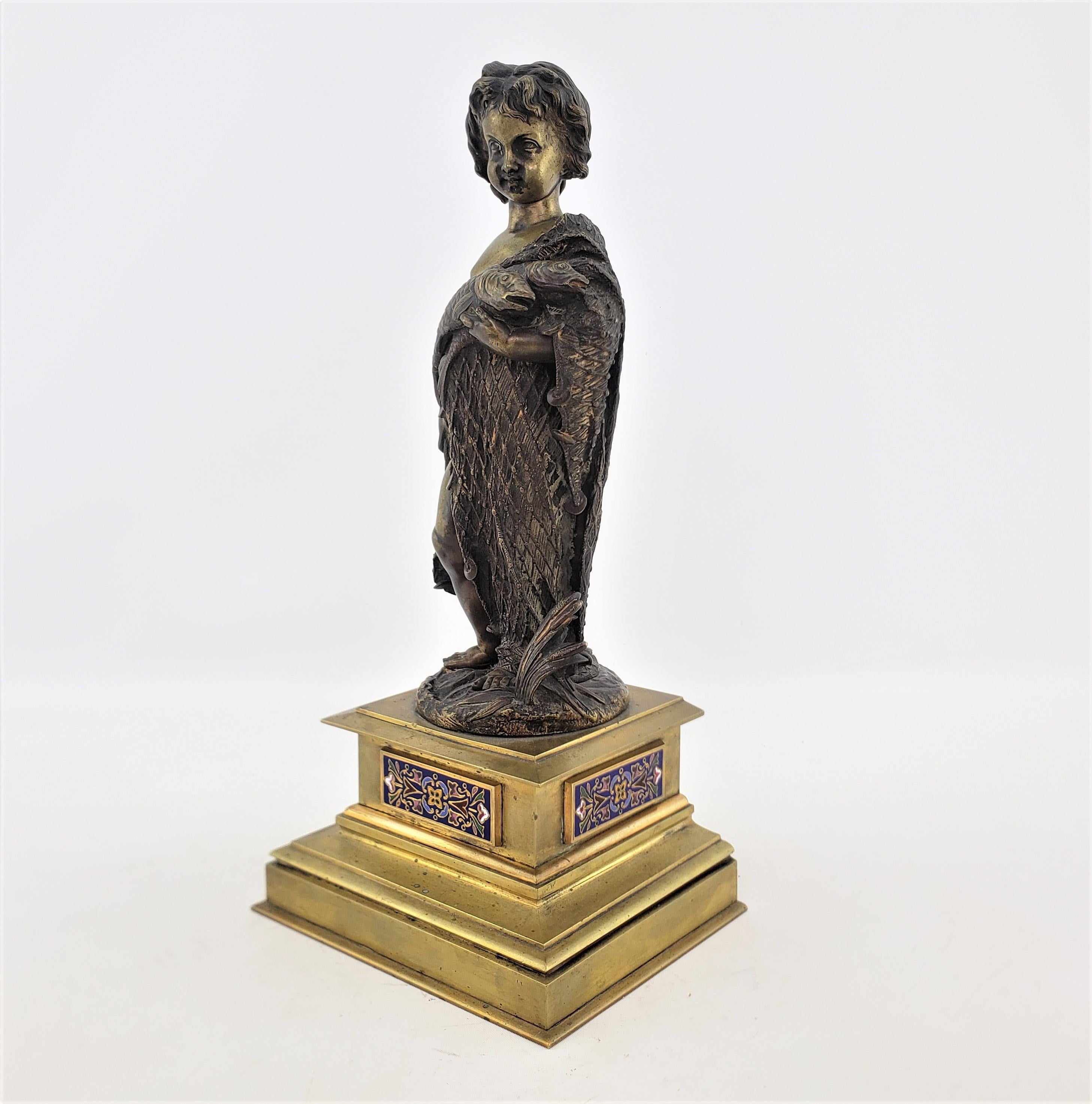 Victorian Antique Bronze Sculpture of a Child Draped with a Fish Net and Champleve Panels For Sale