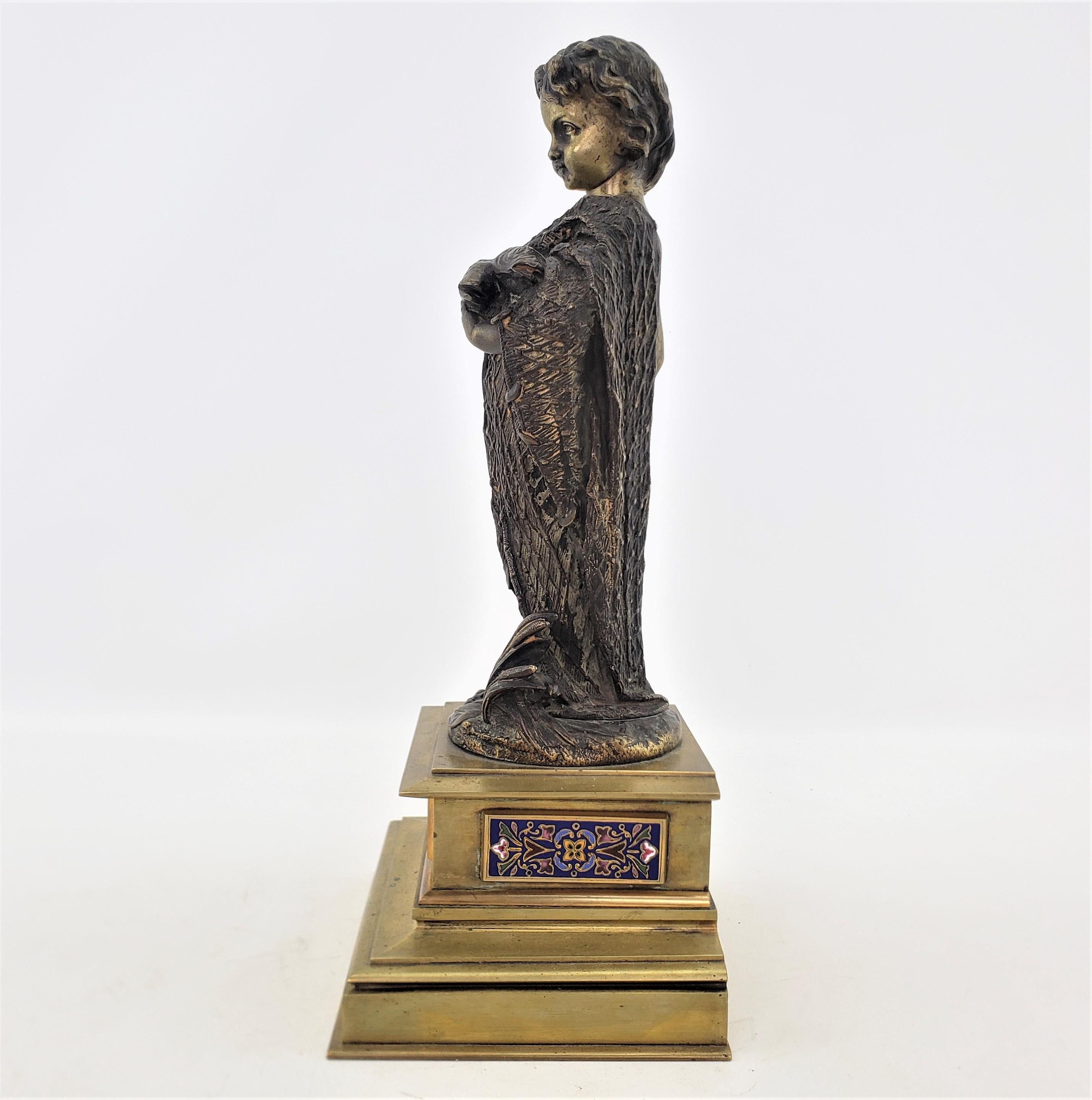 Italian Antique Bronze Sculpture of a Child Draped with a Fish Net and Champleve Panels For Sale