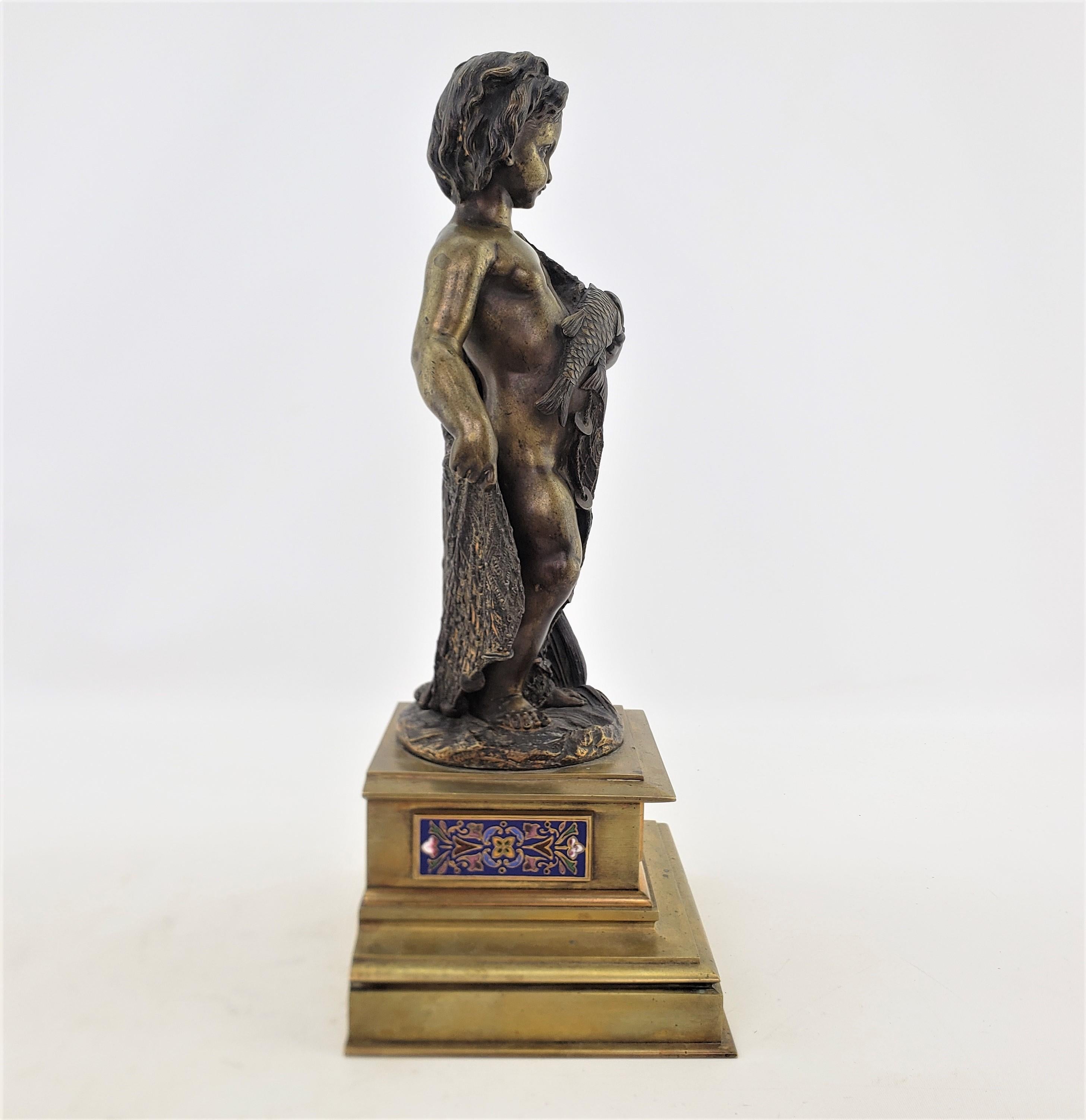 Antique Bronze Sculpture of a Child Draped with a Fish Net and Champleve Panels In Good Condition For Sale In Hamilton, Ontario