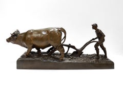 Antique Bronze Sculpture of a Farmer Plowing with Two Oxen by Marcel Debut