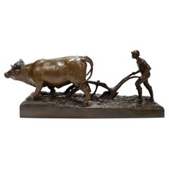 Antique Bronze Sculpture of a Farmer Plowing with Two Oxen by Marcel Debut