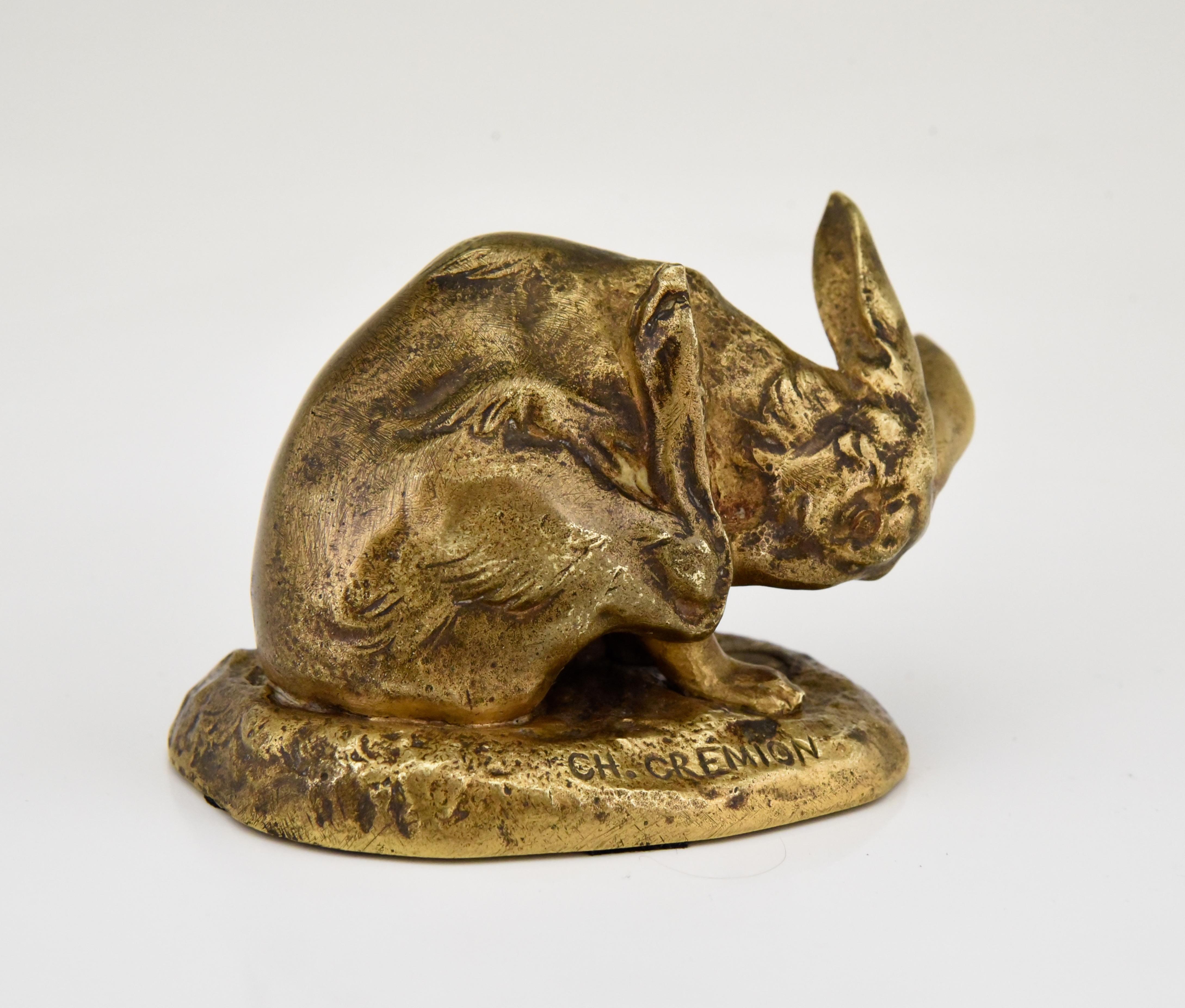 Cute antique bronze sculpture of a hare washing by the French artist Charles Gremion, France, 1900.