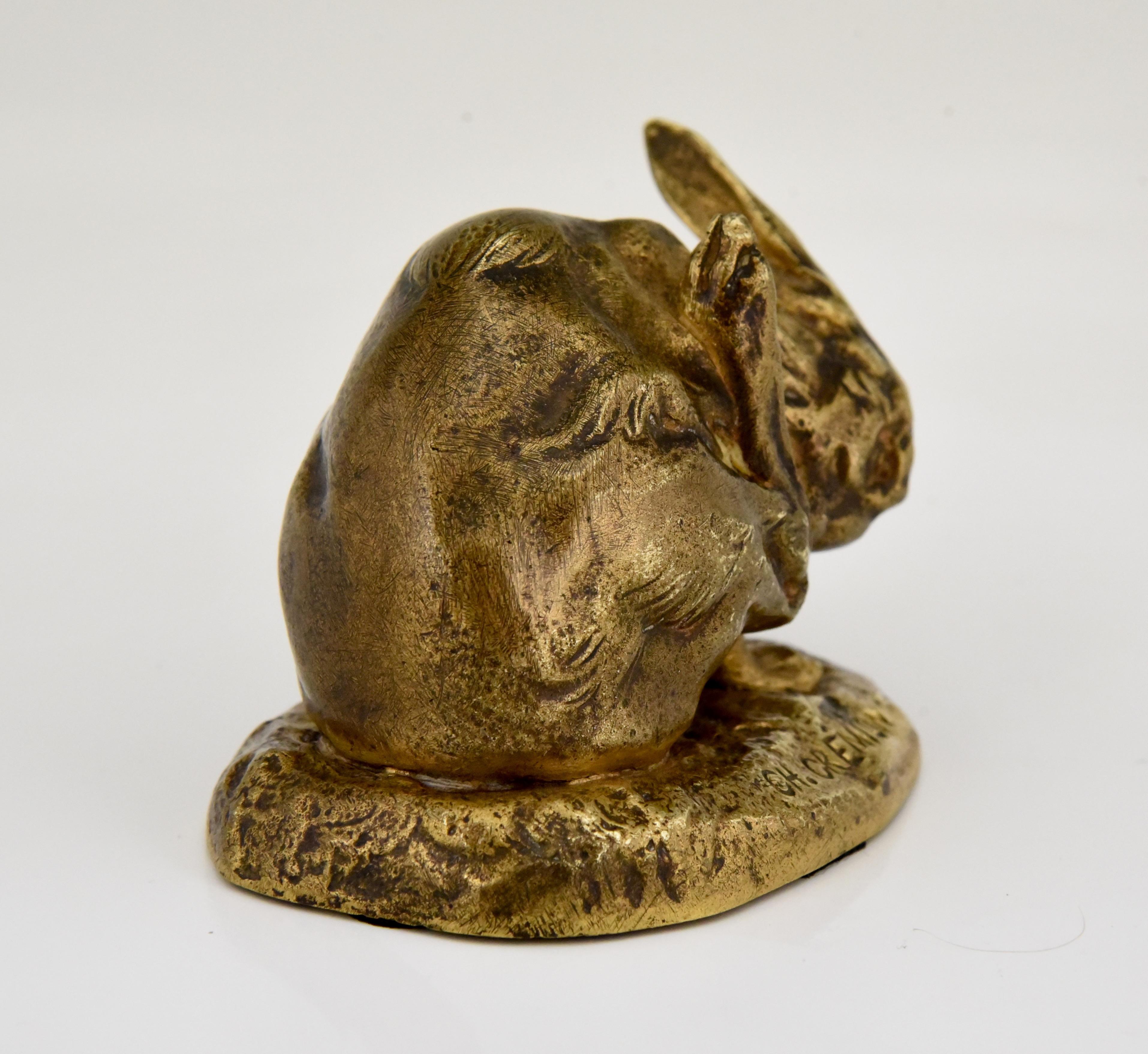 Art Nouveau Antique Bronze Sculpture of a Hare Washing Charles Gremion, France, 1900