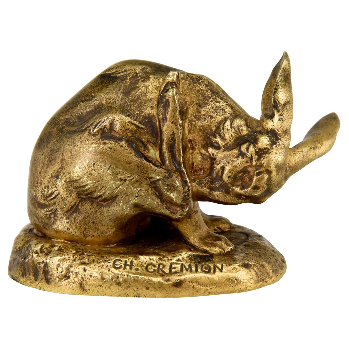 Antique Bronze Sculpture of a Hare Washing Charles Gremion, France, 1900