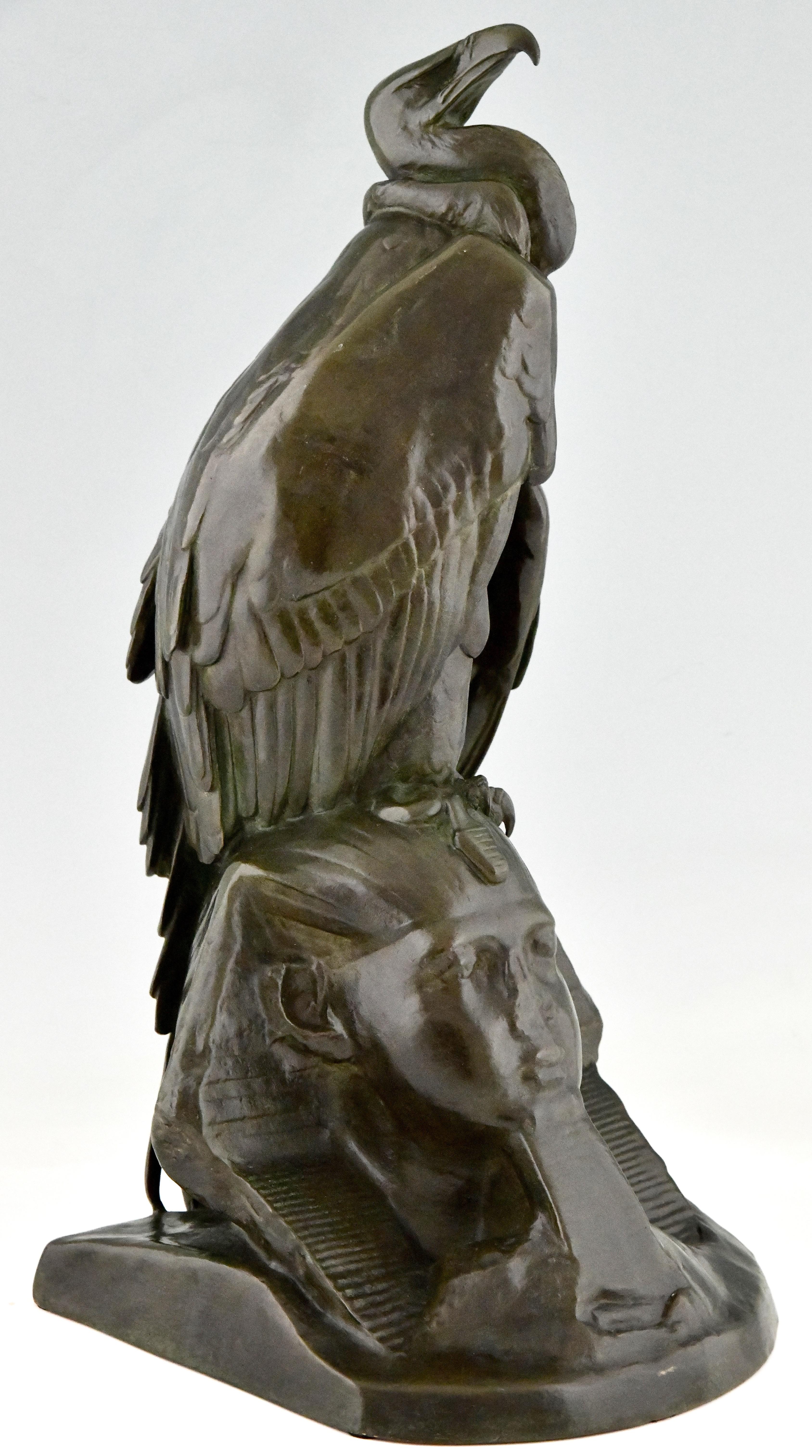Antique bronze sculpture of a vulture on a sphinx by August Nicolas Cain. Modelled for an exhibition in France in 1851. 
This model is illustrated in Bronzes, sculptors and founders by H. Berman, Abage and in Les bronzes de XIXe siècle by Pierre