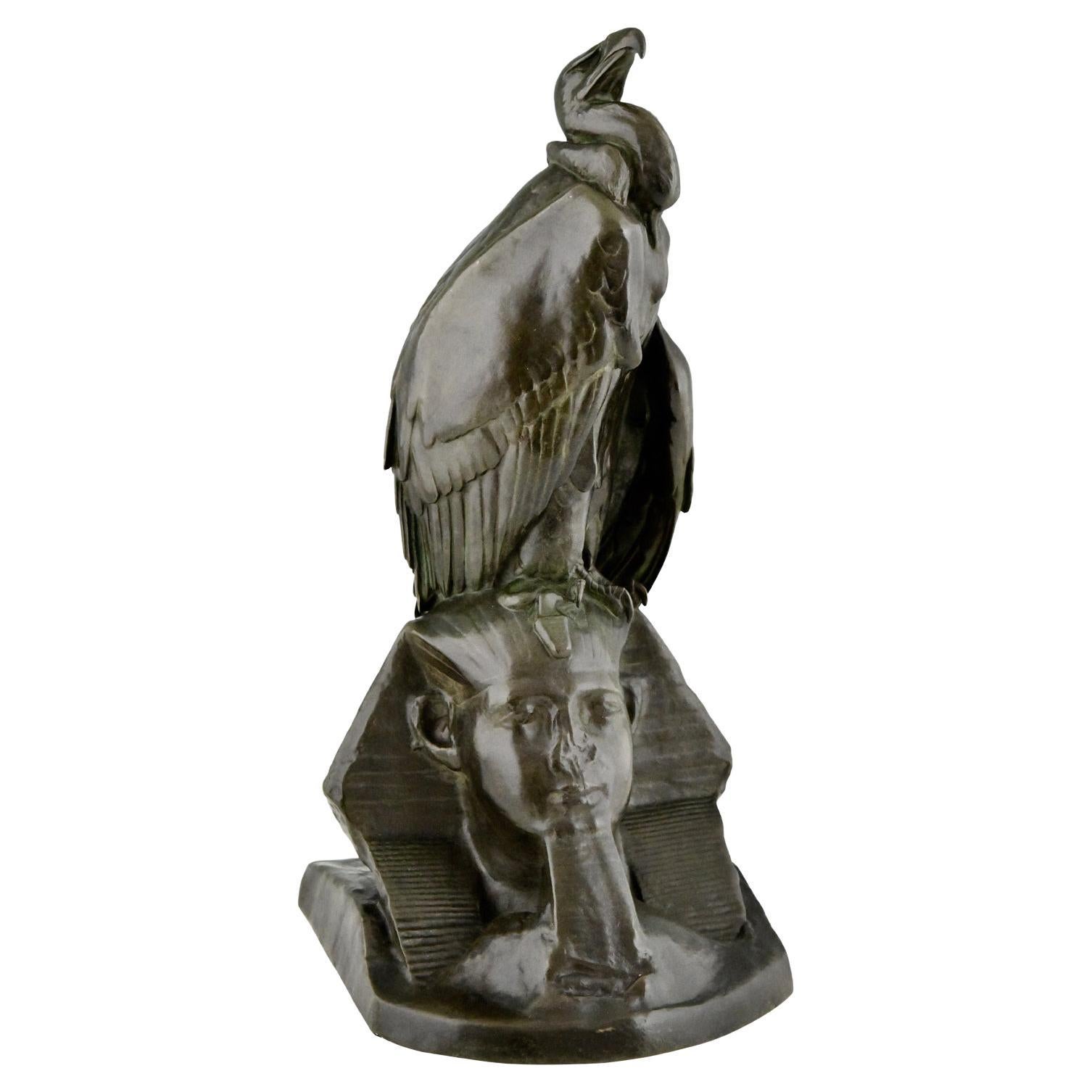 Antique bronze sculpture of a vulture on a sphinx by Cain, France 1851.