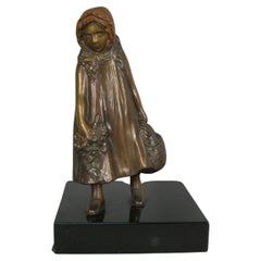 Antique Bronze Sculpture of a Young Girl with Basket by R. Patrouilleau - 1Y215