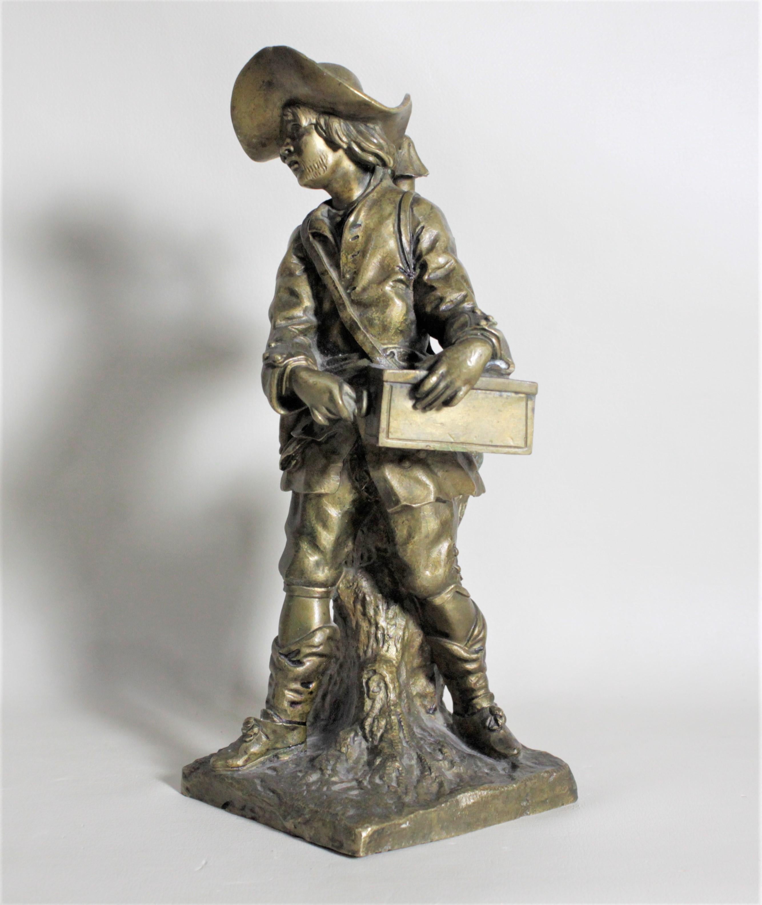 This well executed antique bronze sculpture is presumed to have been made in France in circa 1895 in the period Victorian style. This bronze may have an illegible signature on the base, but the maker is being regarded as 'Unknown'. This highly