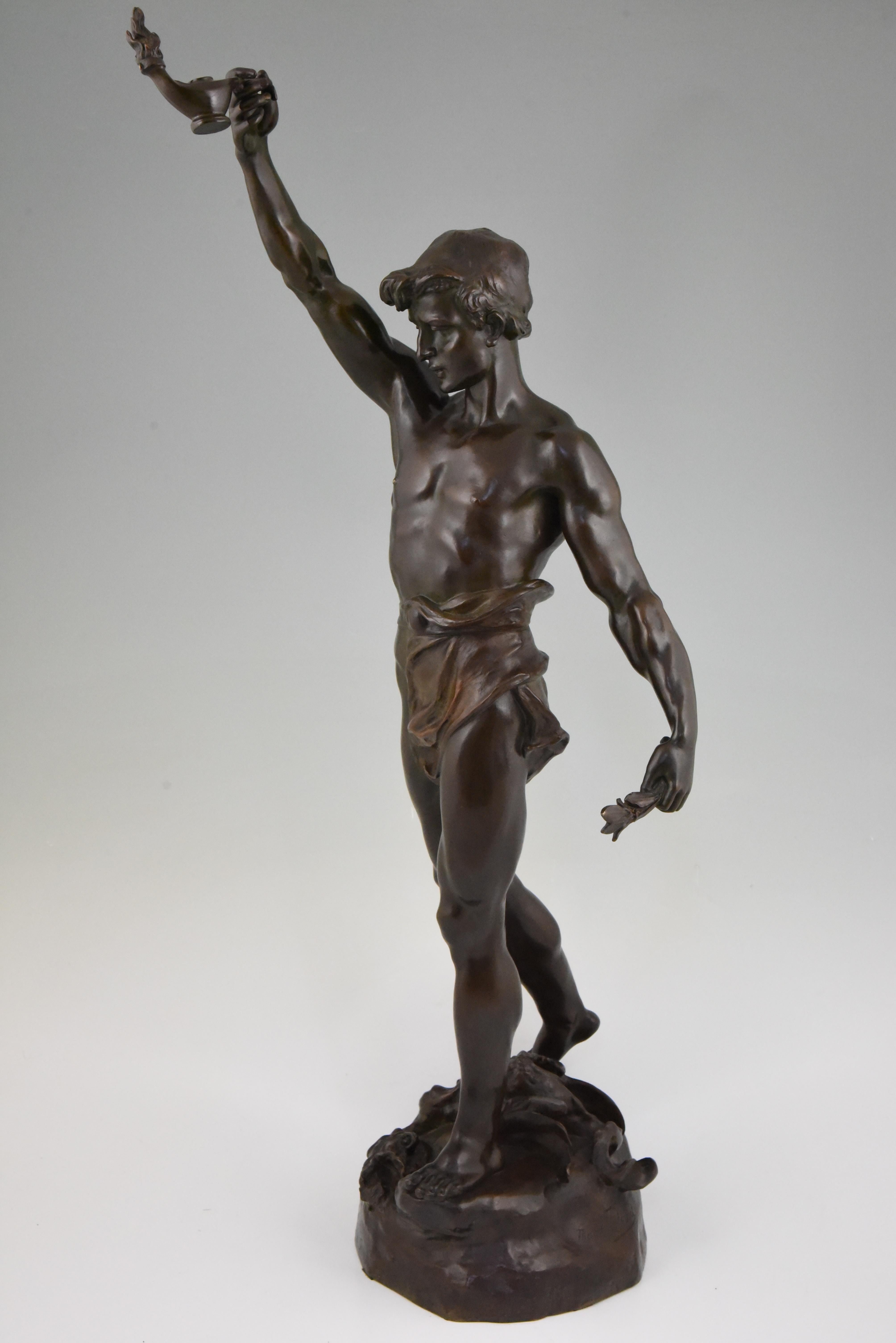 Antique bronze sculpture of Aladdin and the magic lamp by Marcel Debut. Impressive size, France ca. 1900. 	
Literature:
Bronzes, sculptors and founders by H. Berman, Abage. Les bronzes de XIXe siècle by Pierre Kjellberg, Les editions des amateurs.