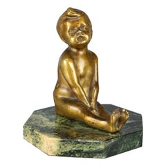 Antique Bronze Sculpture of Seated Young Child on Marble Plinth, circa 1900