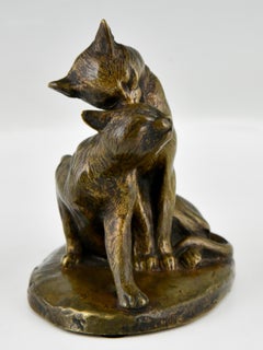 Antique Bronze Sculpture of Two Cats by Louis Riché, France, 1900