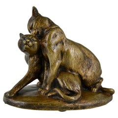 Antique Bronze Sculpture of Two Cats by Louis Riché, France, 1900