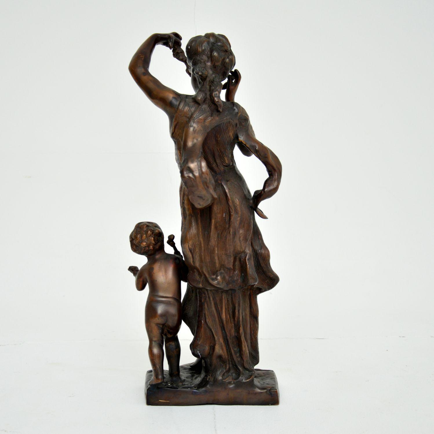 Neoclassical Antique Bronze Sculpture of Woman & Child For Sale