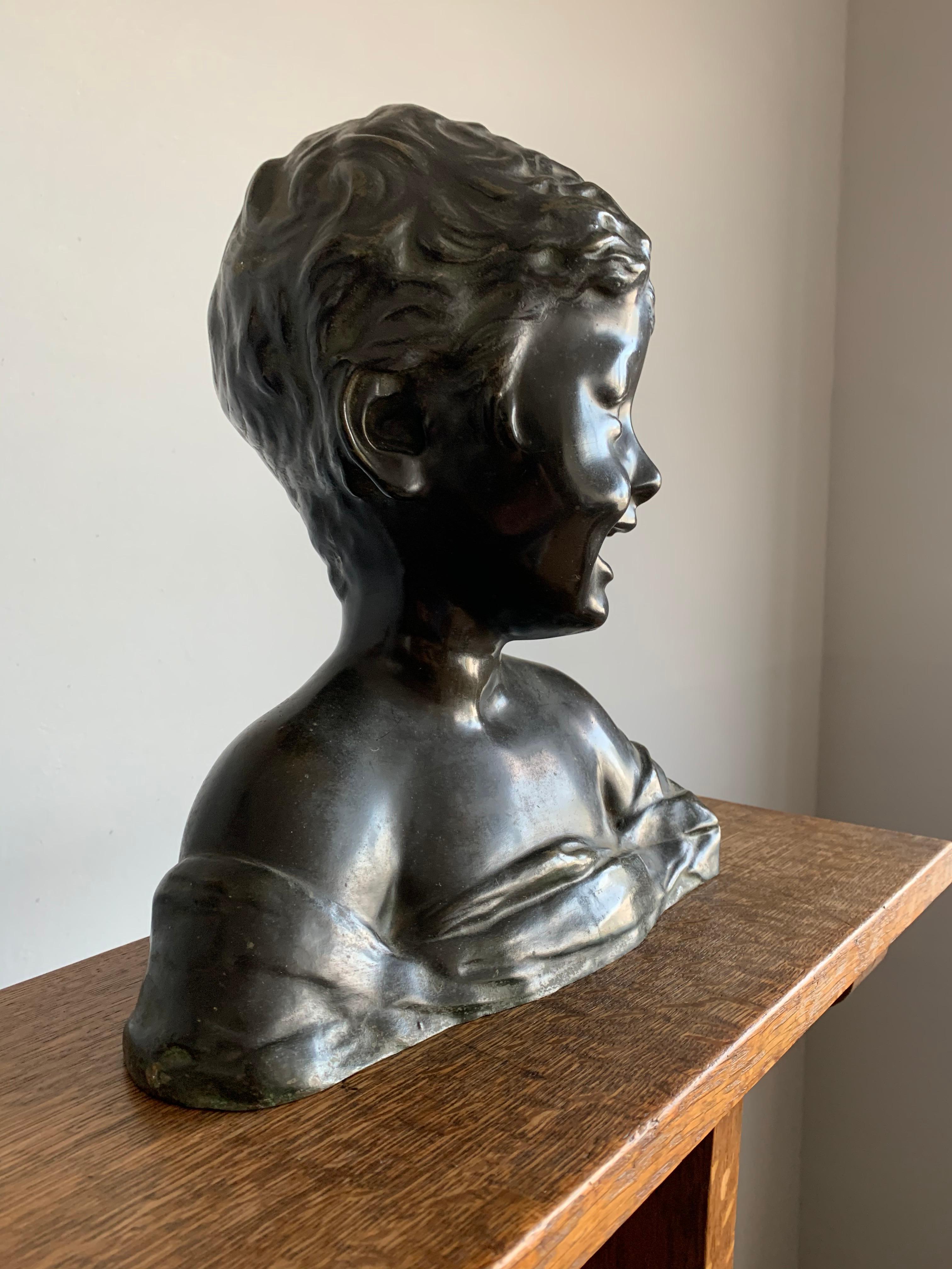 Belgian Antique Bronze Sculpture or Bust of a Laughing Boy aft. Desiderio Da Settignano For Sale
