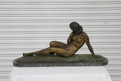 Antique Ugo Cipriani 36" bronze sculpture on Marble Base of reclining woman Nude