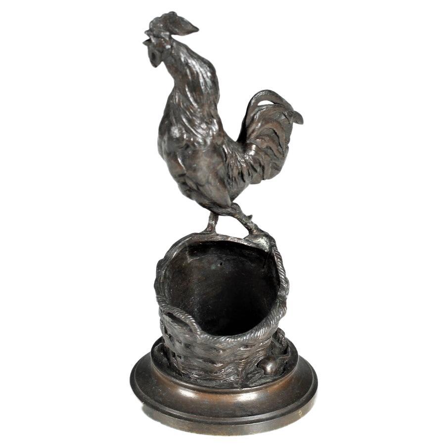 Sculpture ancienne en bronze, signée par Auguste Cain, Coq Sur Un Panier, Rooster