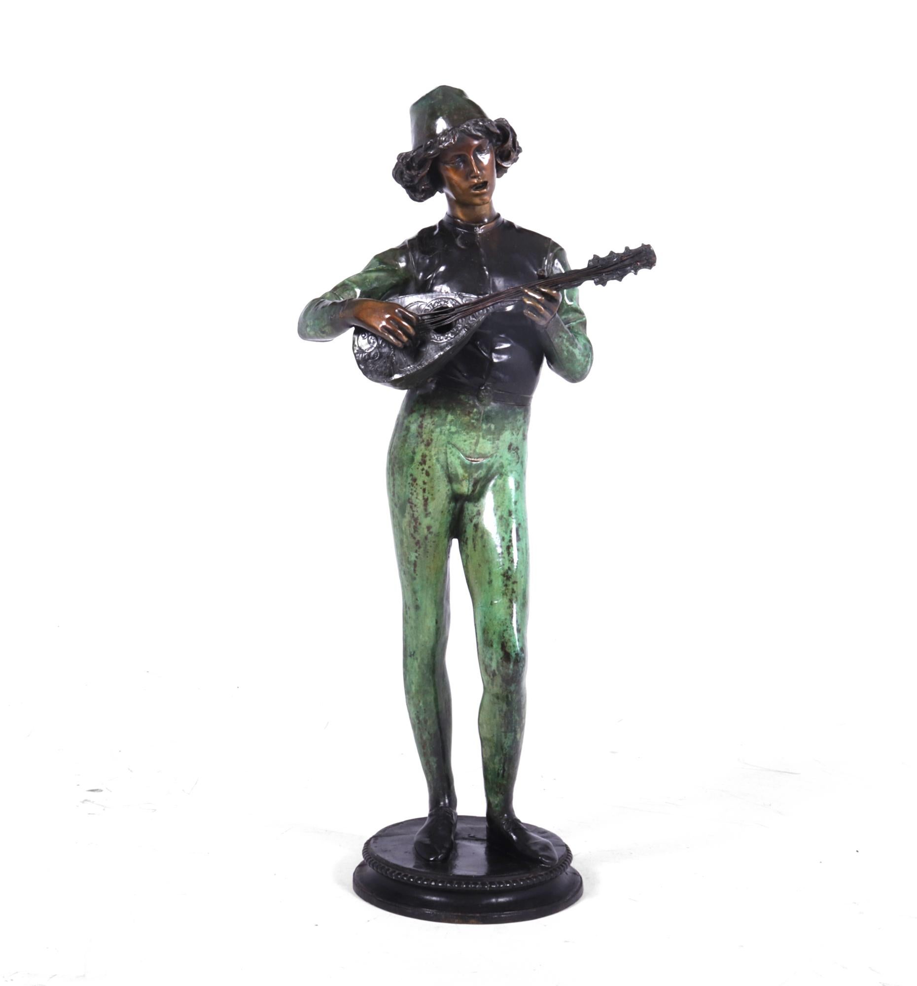 French Antique Bronze Sculpture ‘Standing Music Man’ by Barbedienne Fondeur c1880