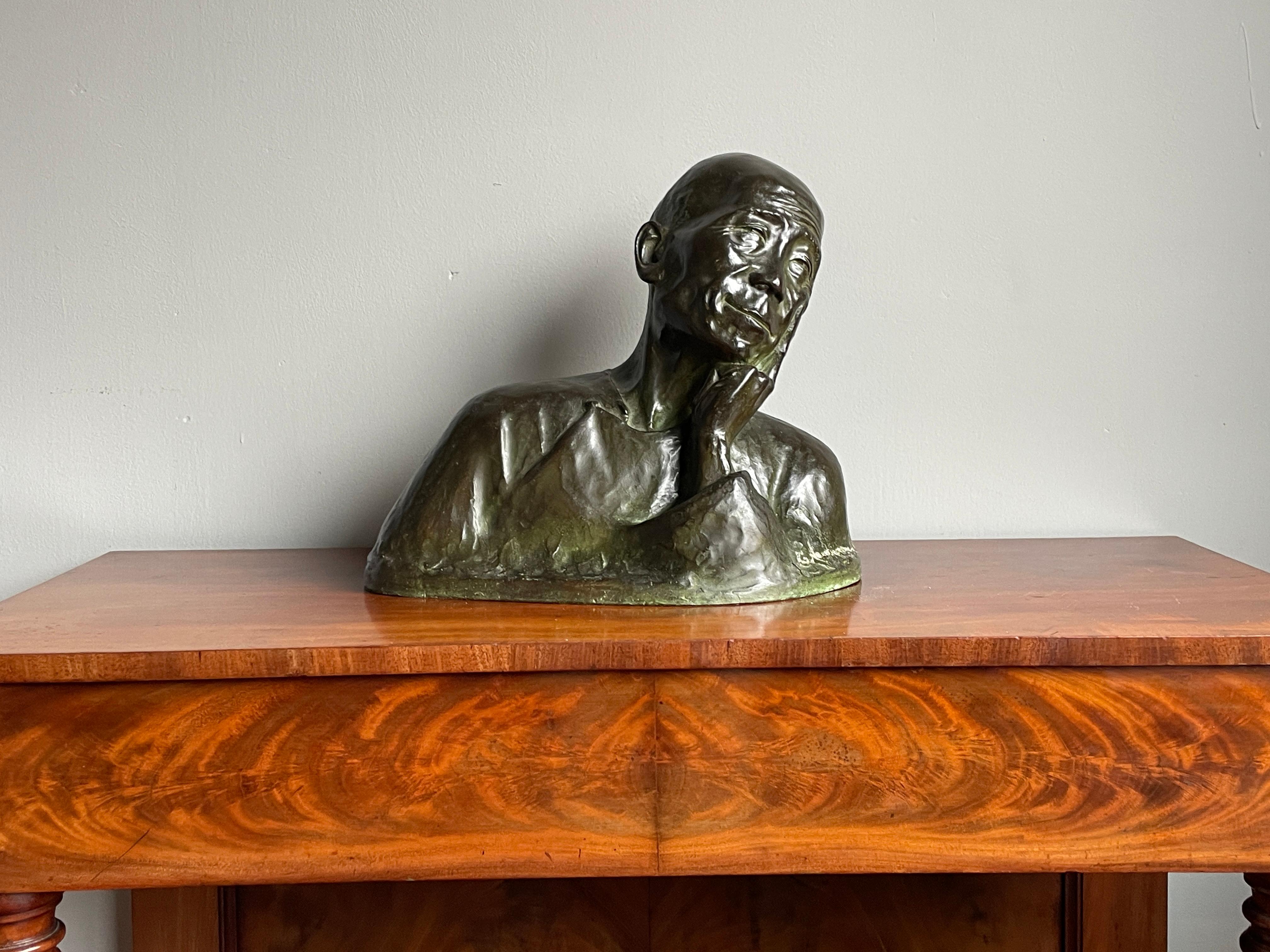 Antique Bronze Sculpture Thinking Chinese Man By G. Hauchecorne Rare Provenance 9