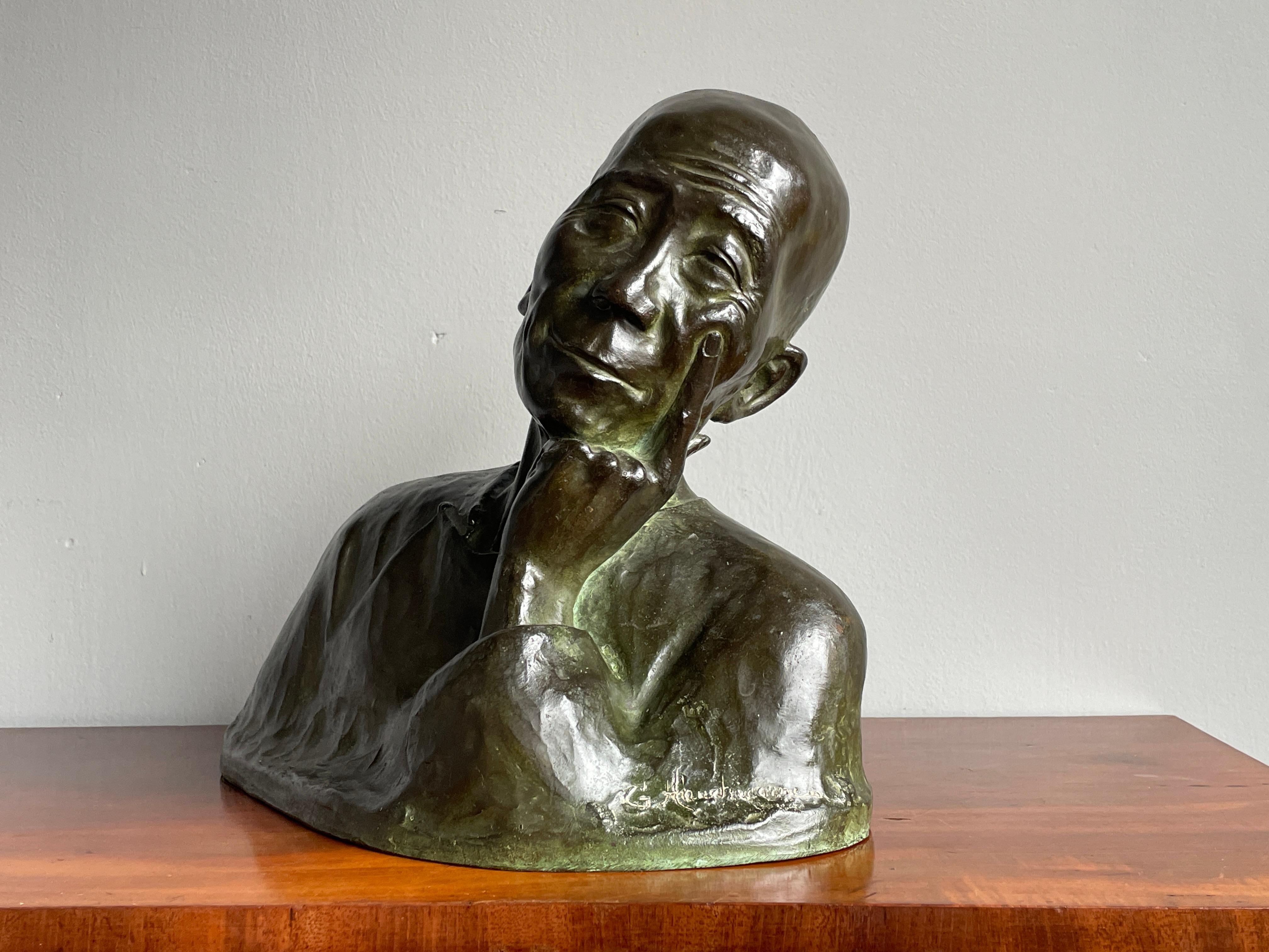 Arts and Crafts Antique Bronze Sculpture Thinking Chinese Man By G. Hauchecorne Rare Provenance
