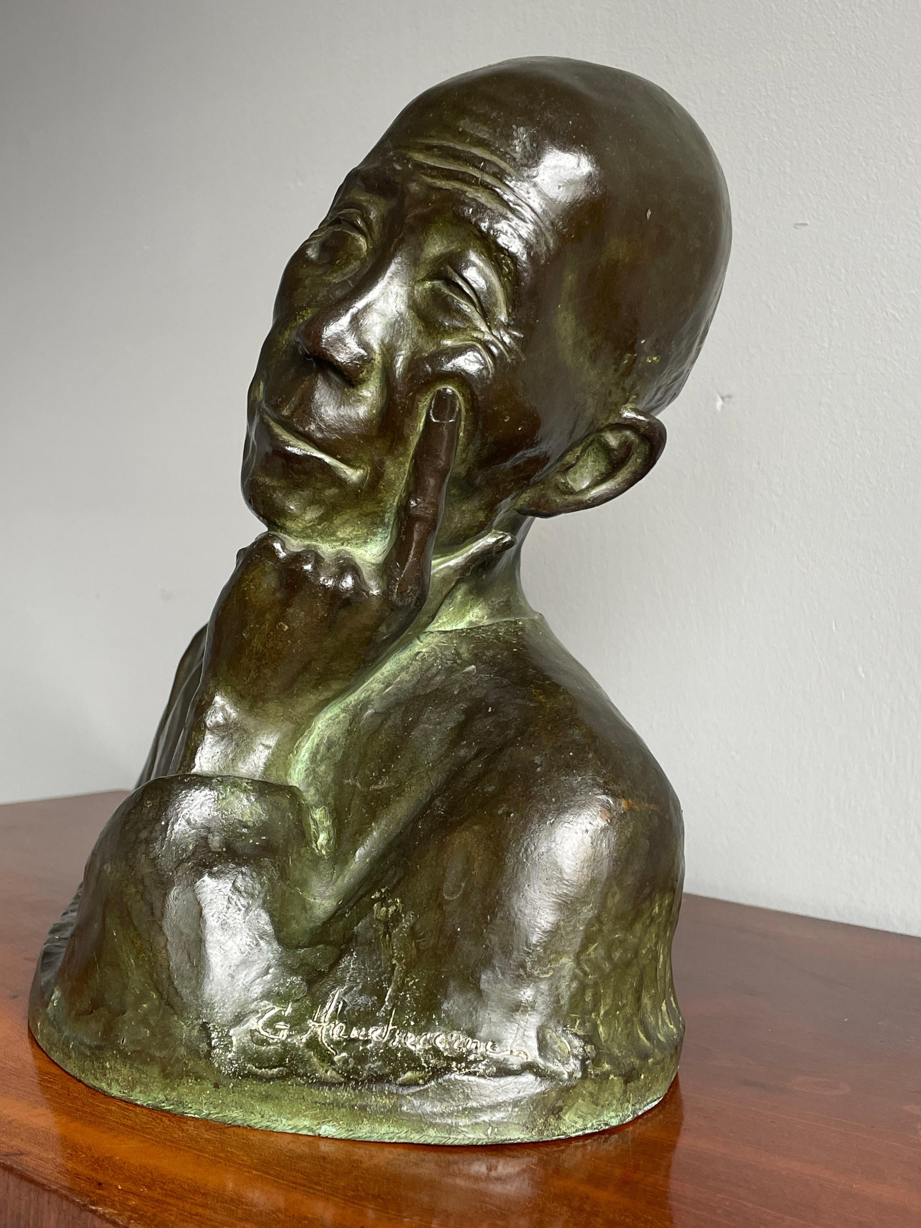 European Antique Bronze Sculpture Thinking Chinese Man By G. Hauchecorne Rare Provenance