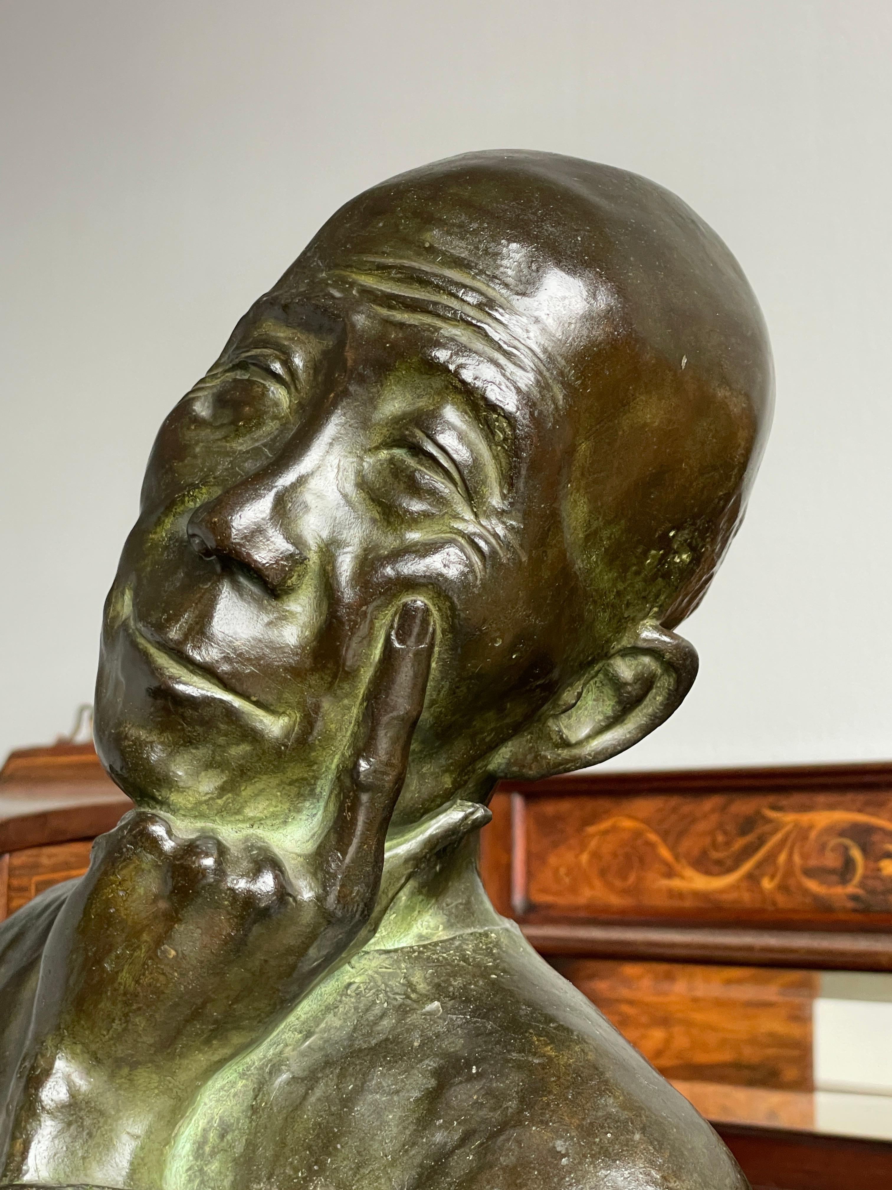 Cast Antique Bronze Sculpture Thinking Chinese Man By G. Hauchecorne Rare Provenance