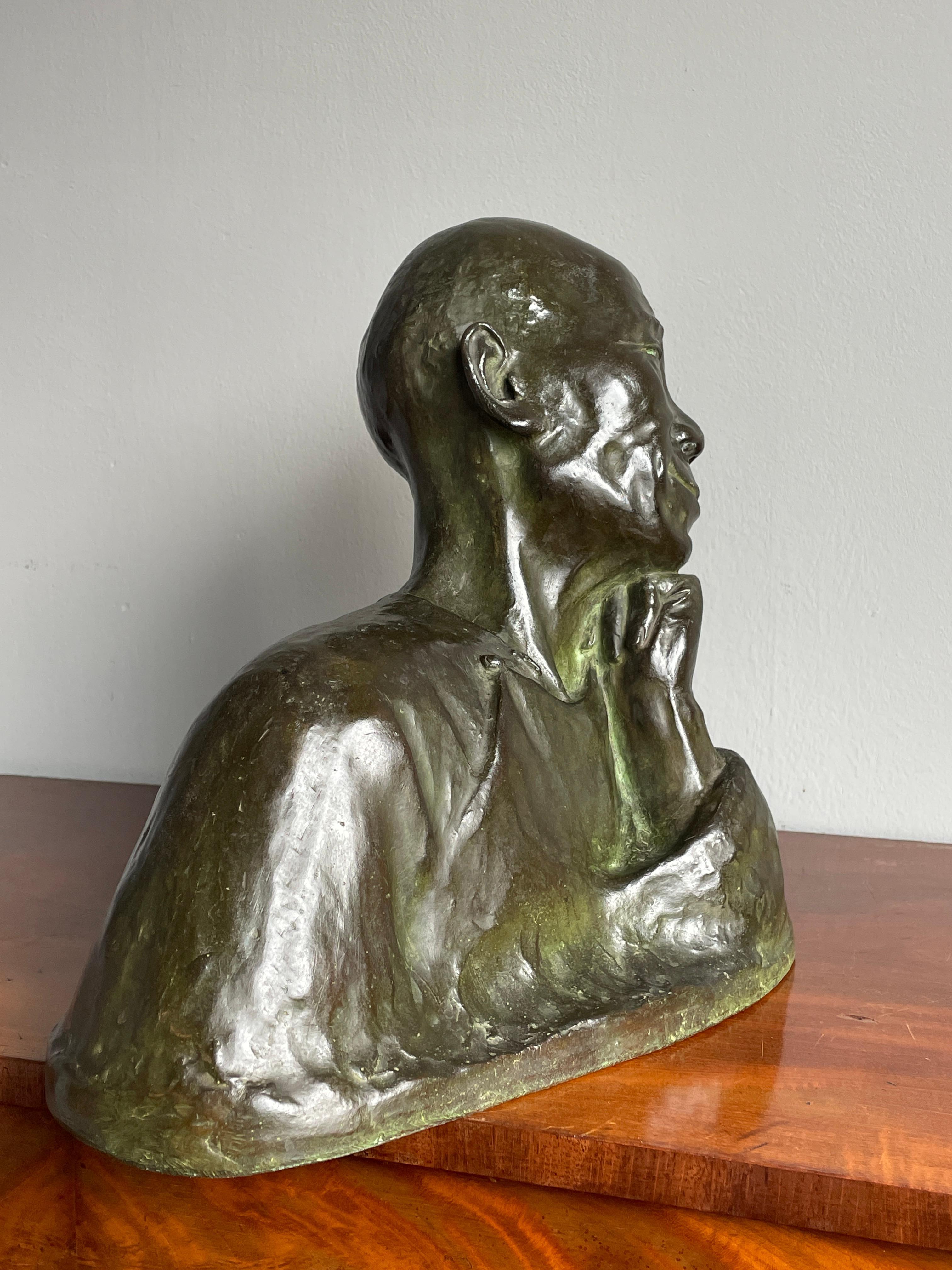 20th Century Antique Bronze Sculpture Thinking Chinese Man By G. Hauchecorne Rare Provenance