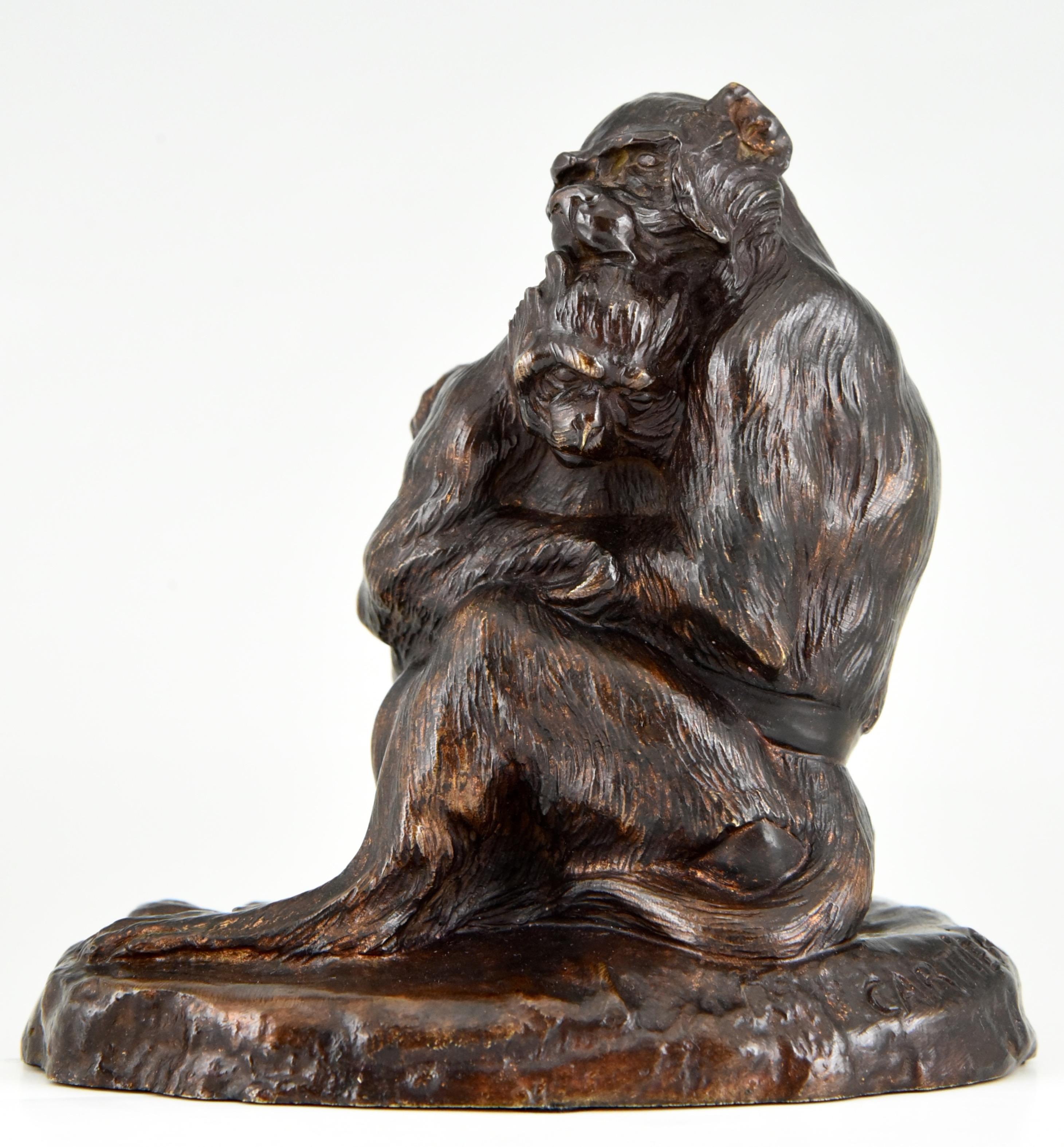 Antique bronze sculpture of two monkeys, mother and child by the French artist Thomas Cartier, 1879-1943, with a beautiful dark brown patina.
Literature:
“Bronzes, sculptors and founders” by H. Berman, Abage. ?“Les bronzes de XIXe siècle” by