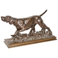 Sculpture ancienne en bronze, chien de marche, Gundog, signée "Rusche"