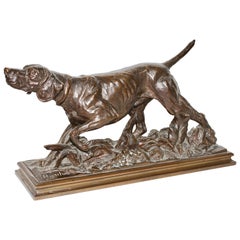 Antique Bronze Sculpture, Walking Hound, Gundog, Signed "Rusche"