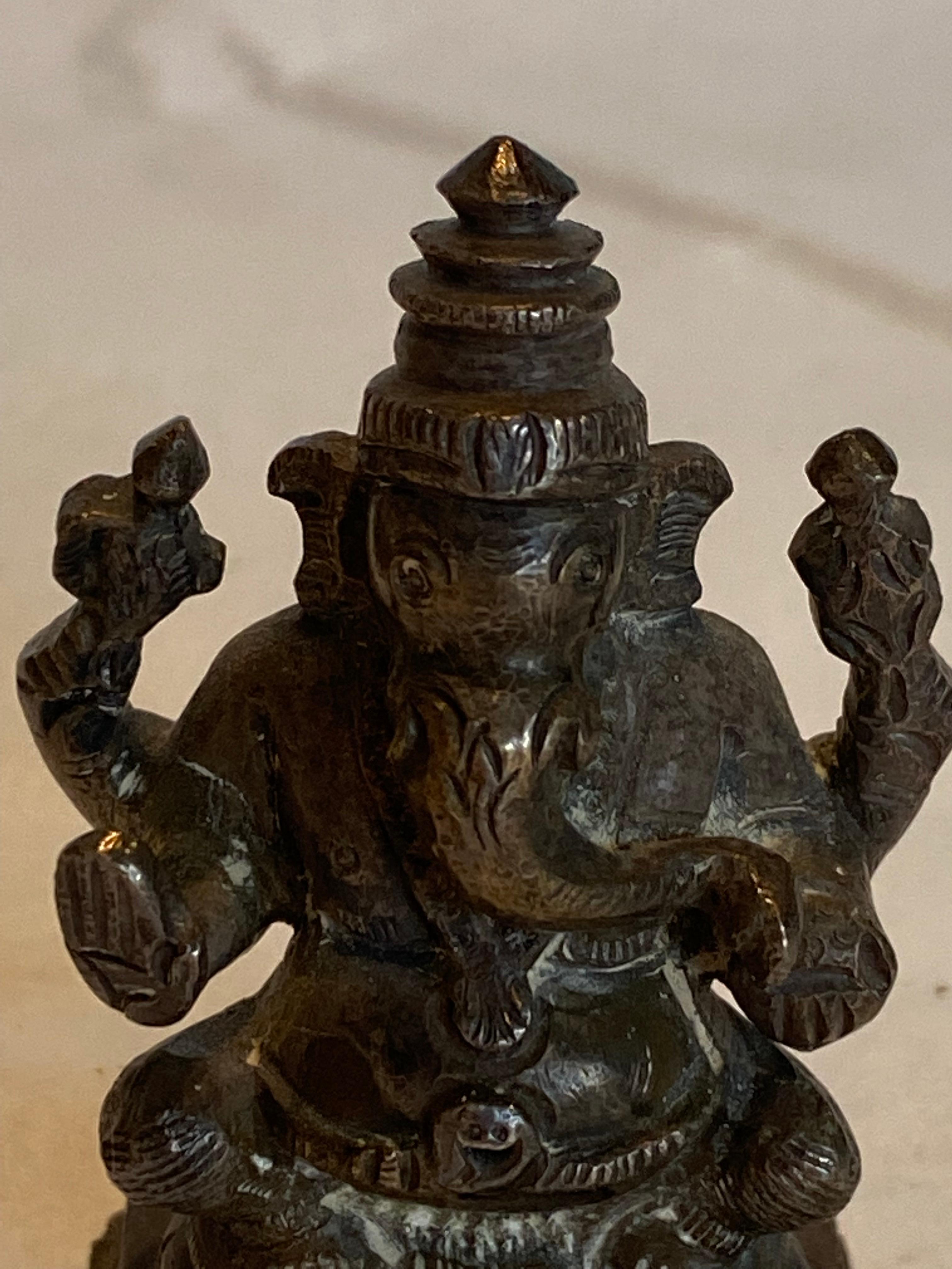Hand-Crafted Antique Bronze Seated Ganesha with a Dog