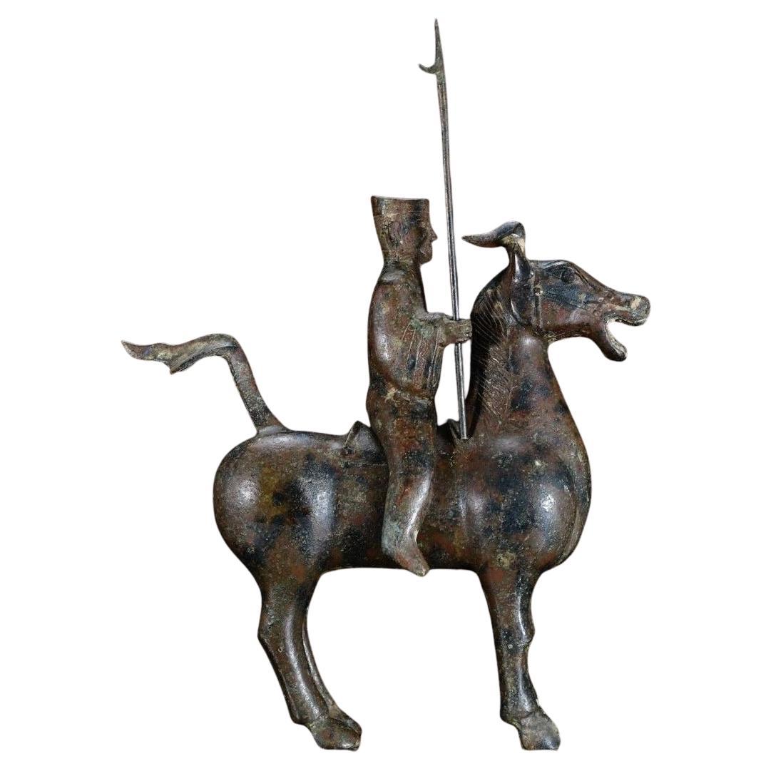 Vintage Chinese Bronze Soldier Riding a Horse Holding a Sword Statue