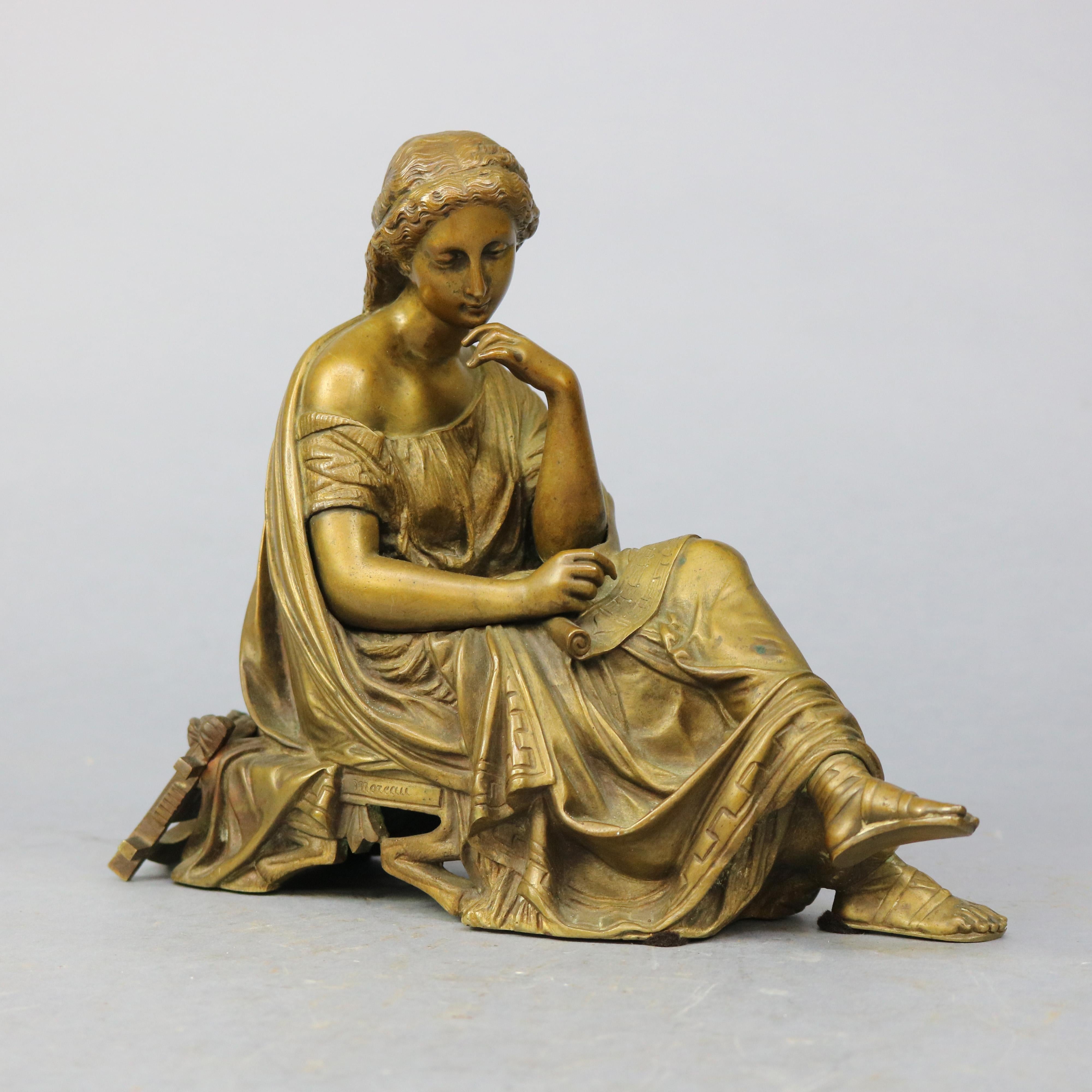 A sculpture after Moreau offers bronze cast of seated Classical woman composing music with lyre harp and scroll, stamped Moreau on seat as photographed, c1890

Measures- 8.25''H x 10.5''W x 3.75''D.