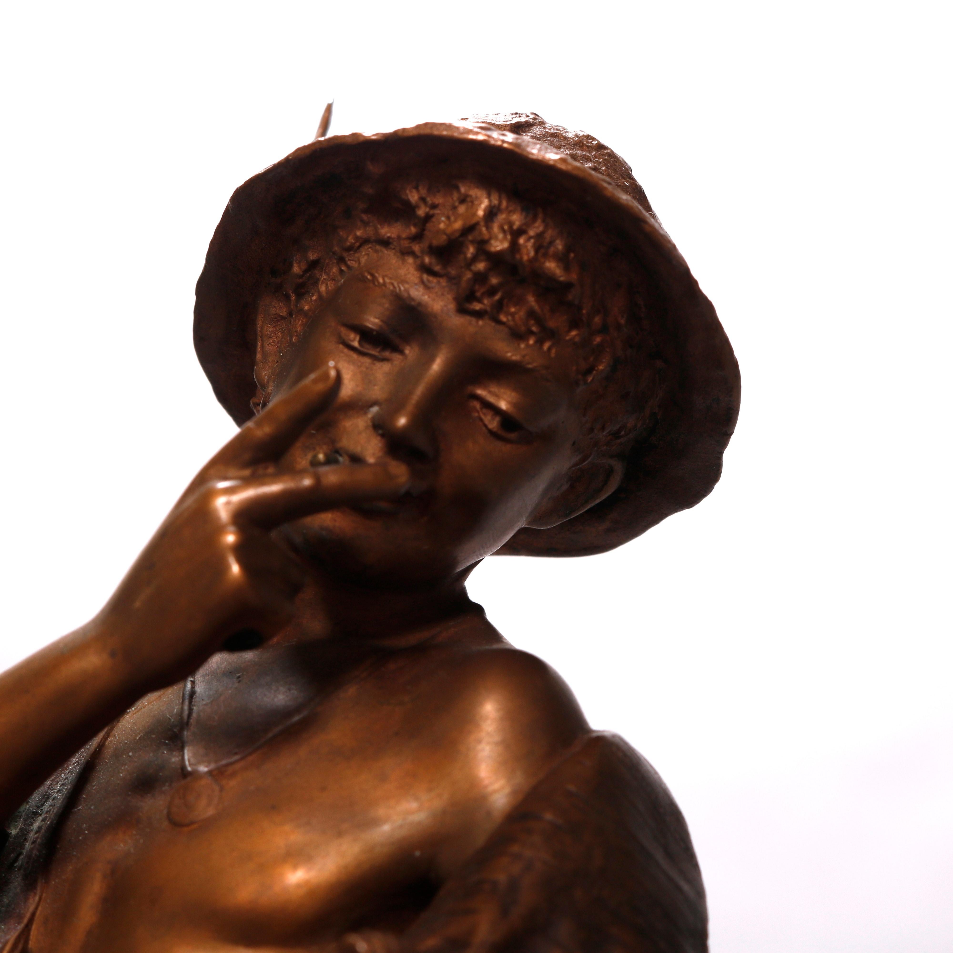 An antique bronze statue by Carl Theodor Wegener (Denmark, 1862-1935) depicts a boy (street urchin) with a cigar and monkey mounted on marble plinth, signed on base as photographed, 19th century

***DELIVERY NOTICE – Due to COVID-19 we are employing