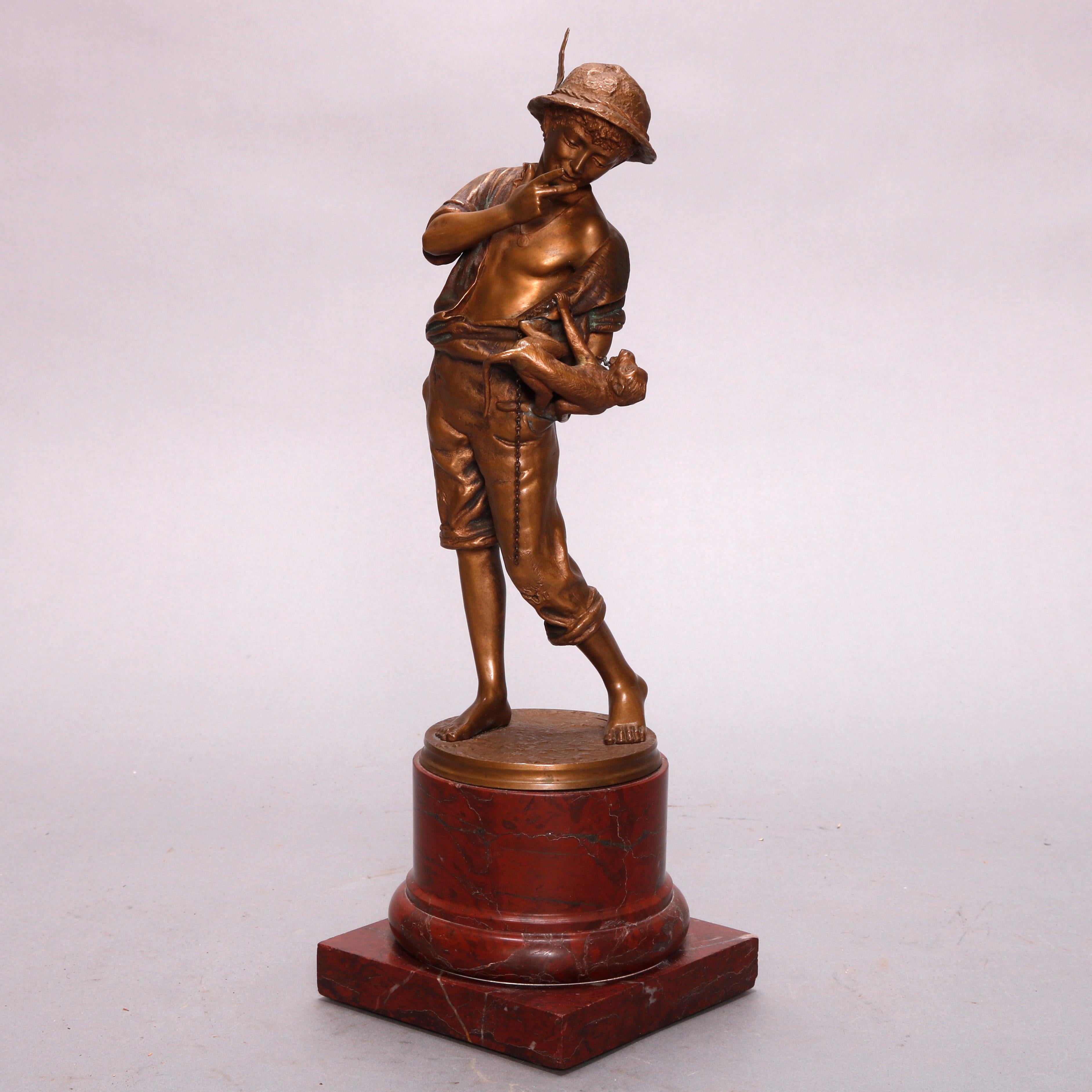 Cast Antique Bronze Statue of Smoking Boy with Monkey by Wegener Denmark 19th Century