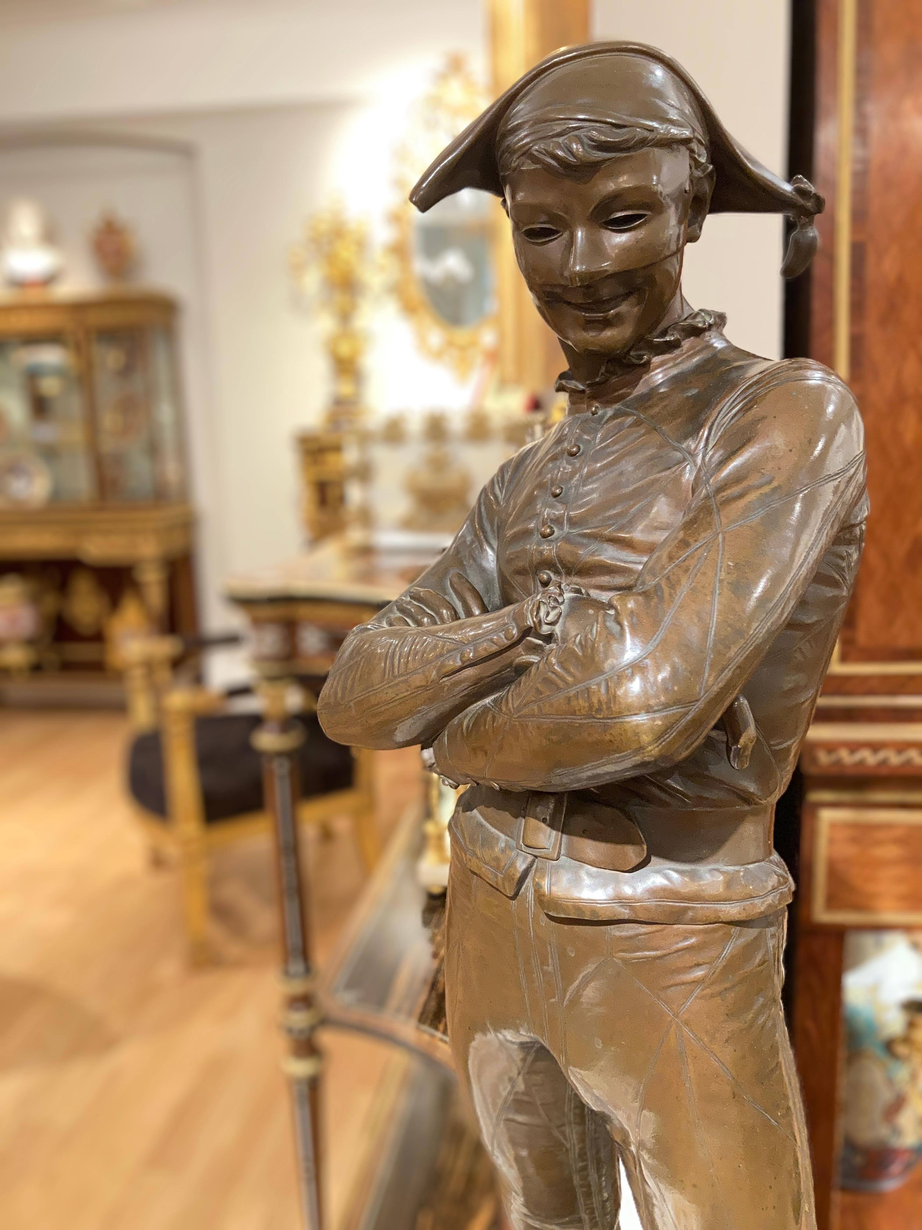 French Antique Bronze Statue of Arlequin by René de Saint-Marceaux For Sale
