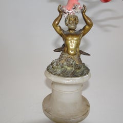 Antique Bronze Statue of Poseidon Holding Coral on Marble Base