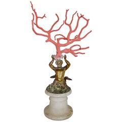 Antique Bronze Statue of Poseidon Holding Coral on Marble Base