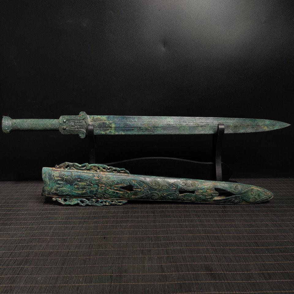 Antique Chinese Bronze Sword with Scabbard and Characters For Sale 3