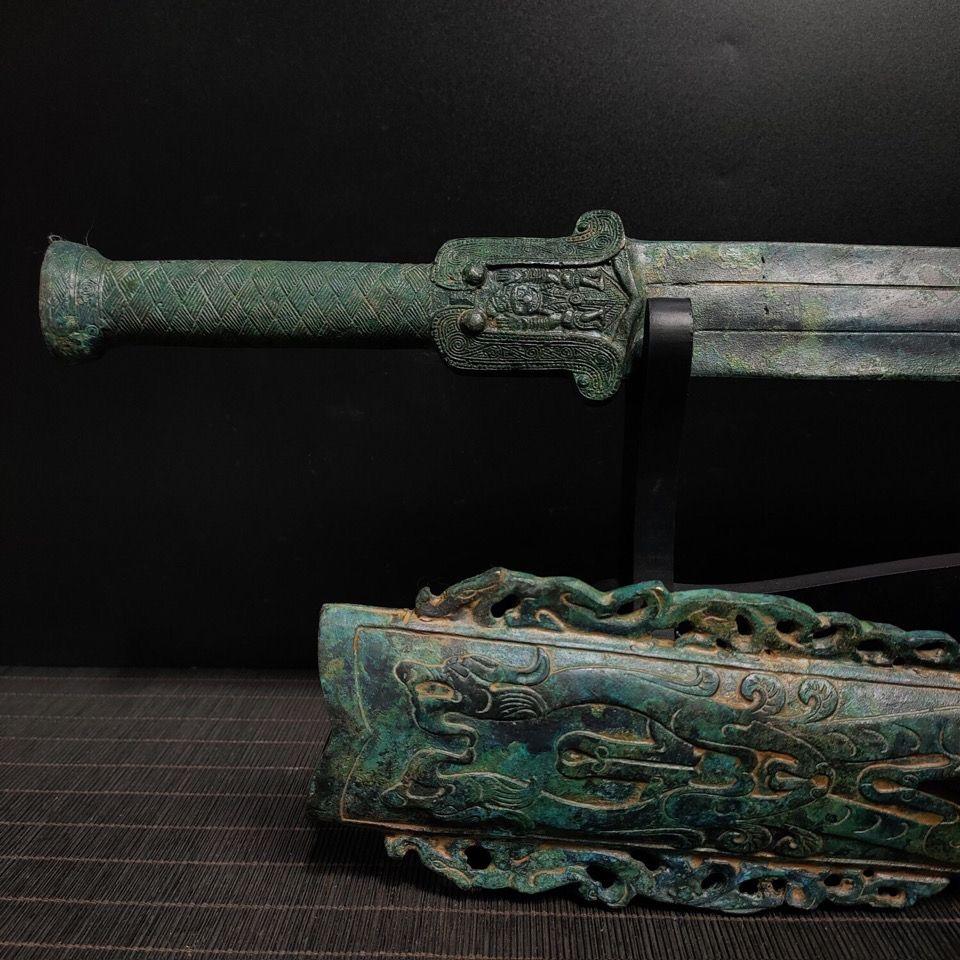 Antique Chinese Bronze Sword with Scabbard and Characters For Sale 4